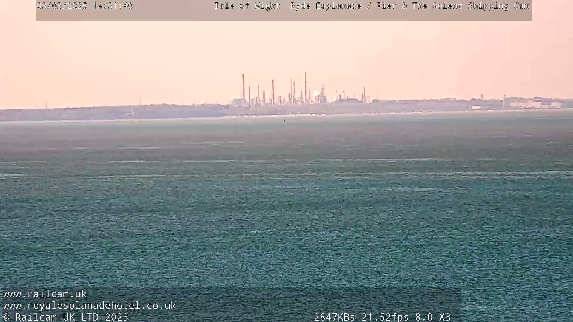 A calm body of water stretches to a distant industrial plant under a pale, pinkish sky.
