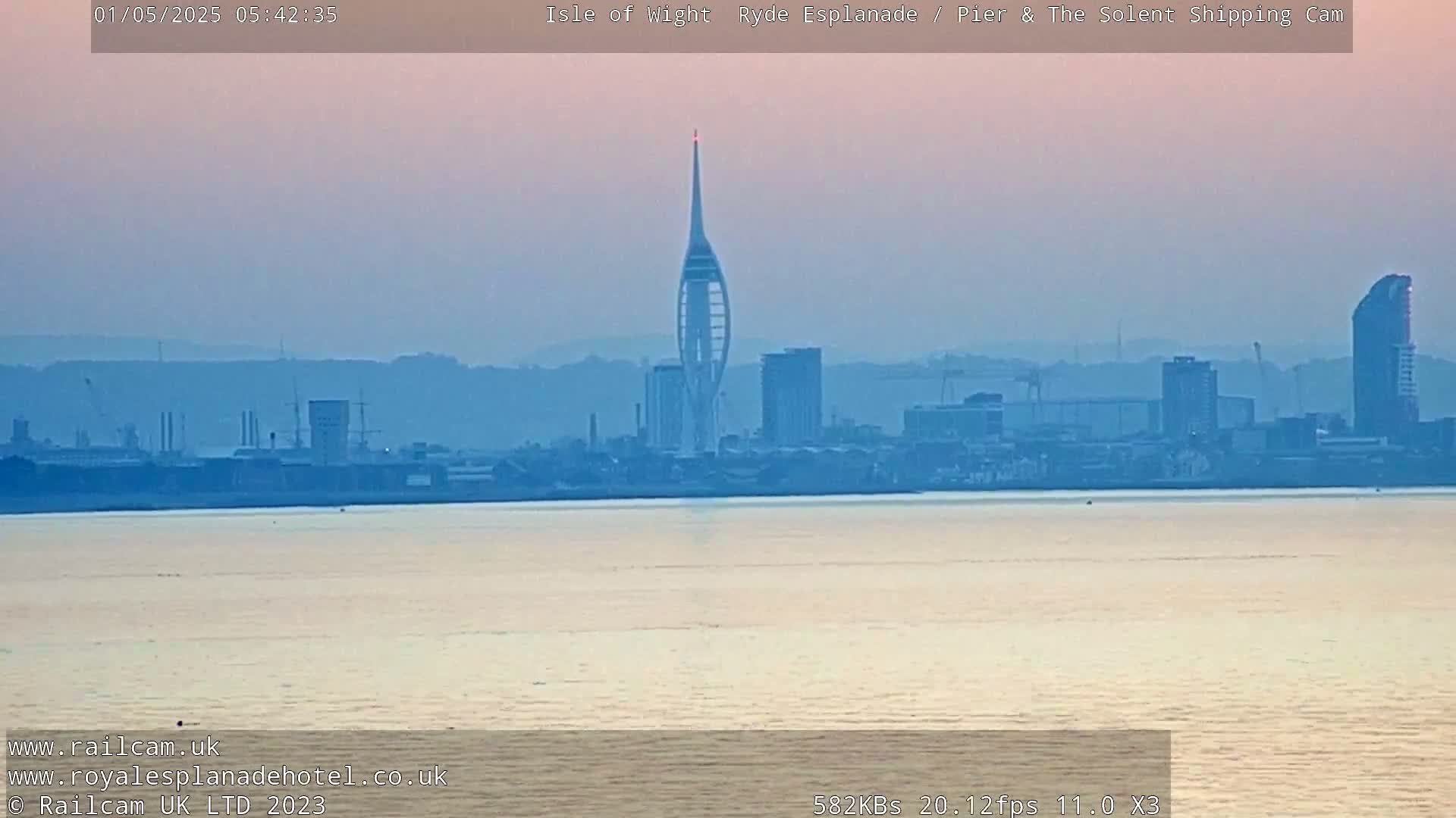 A hazy, pale sunrise illuminates a calm body of water, across which a distant city skyline is visible, featuring a tall, slender tower.