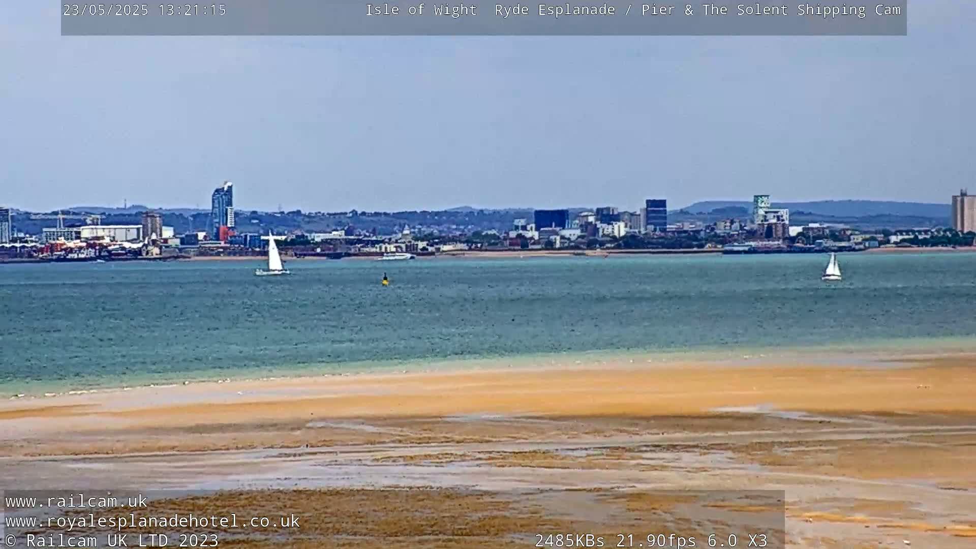 A mostly sunny day shows a body of water with two sailboats and a distant cityscape, a sandy shoreline in the foreground.