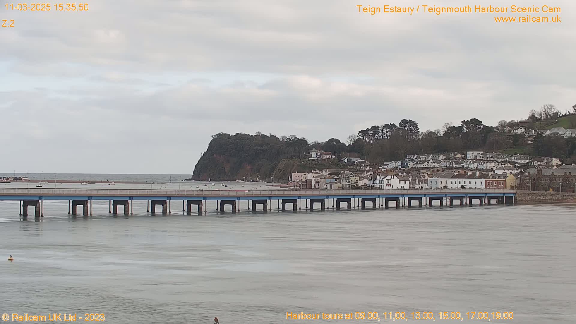 A long bridge stretches across calm, gray water toward a town nestled against a hillside under an overcast sky.