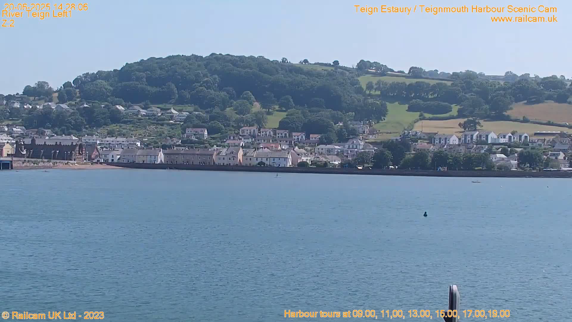 A seaside town nestled against a verdant hill is viewed from across a calm body of water under a clear sky.