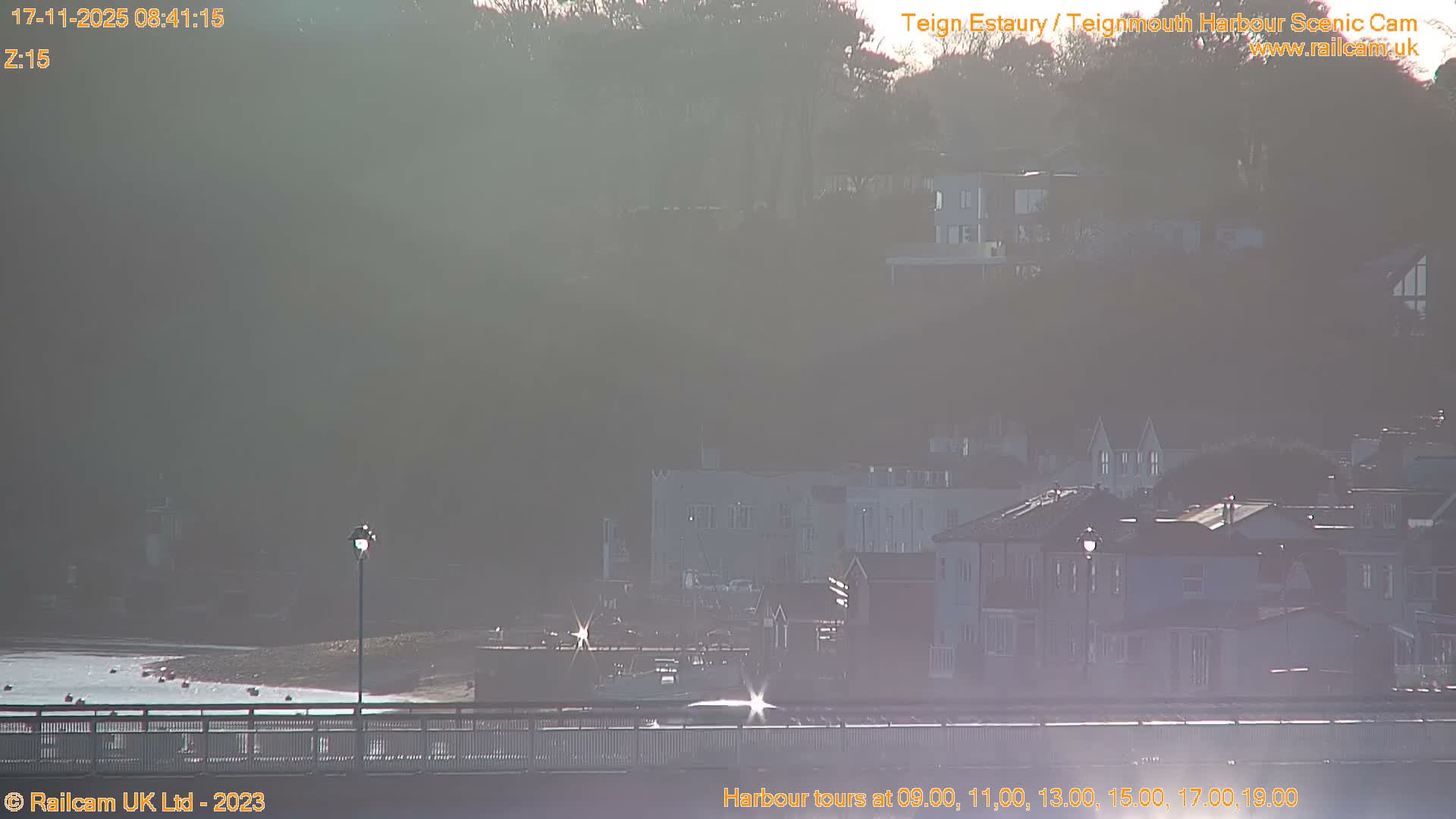 A hazy, bright outdoor scene overlooks a wide body of water with a pier and ducks in the foreground, leading to waterfront buildings nestled against tree-covered hills under hazy sunshine.
