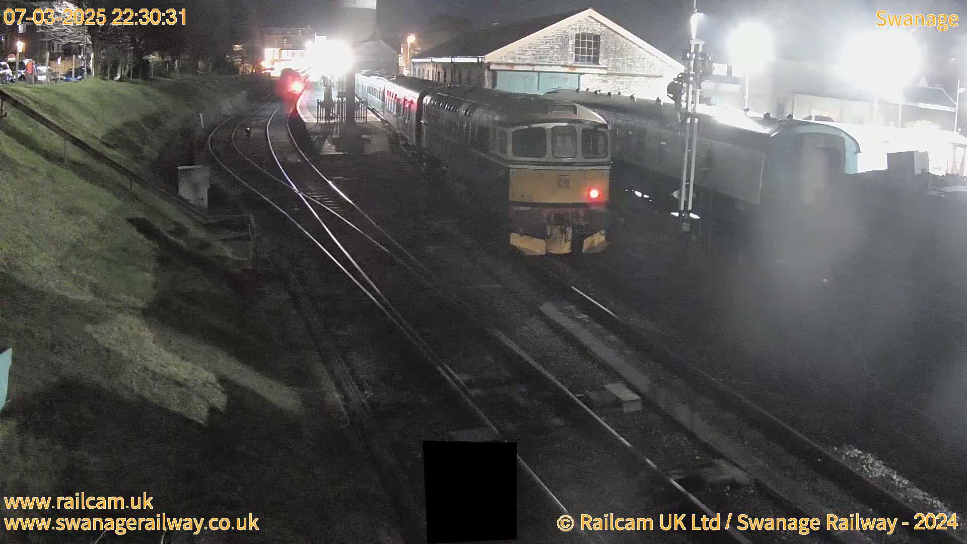 A nighttime view of a train at a station, with several railcars and a locomotive visible under artificial light.