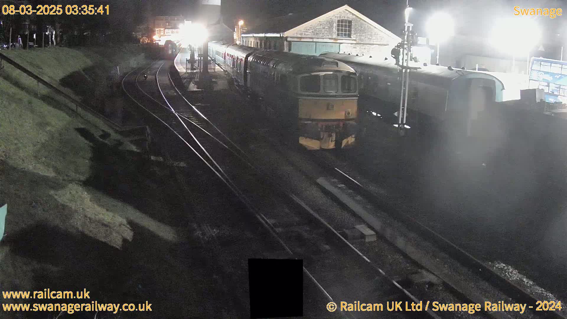 A nighttime view of a train at a station, illuminated by artificial lights.