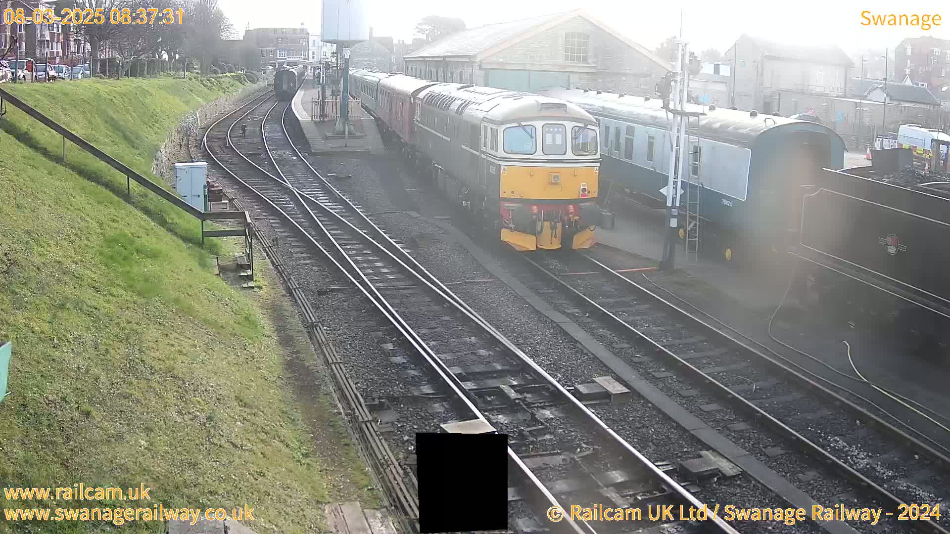 A diesel locomotive and several passenger cars are on a railway track at a station on an overcast day.