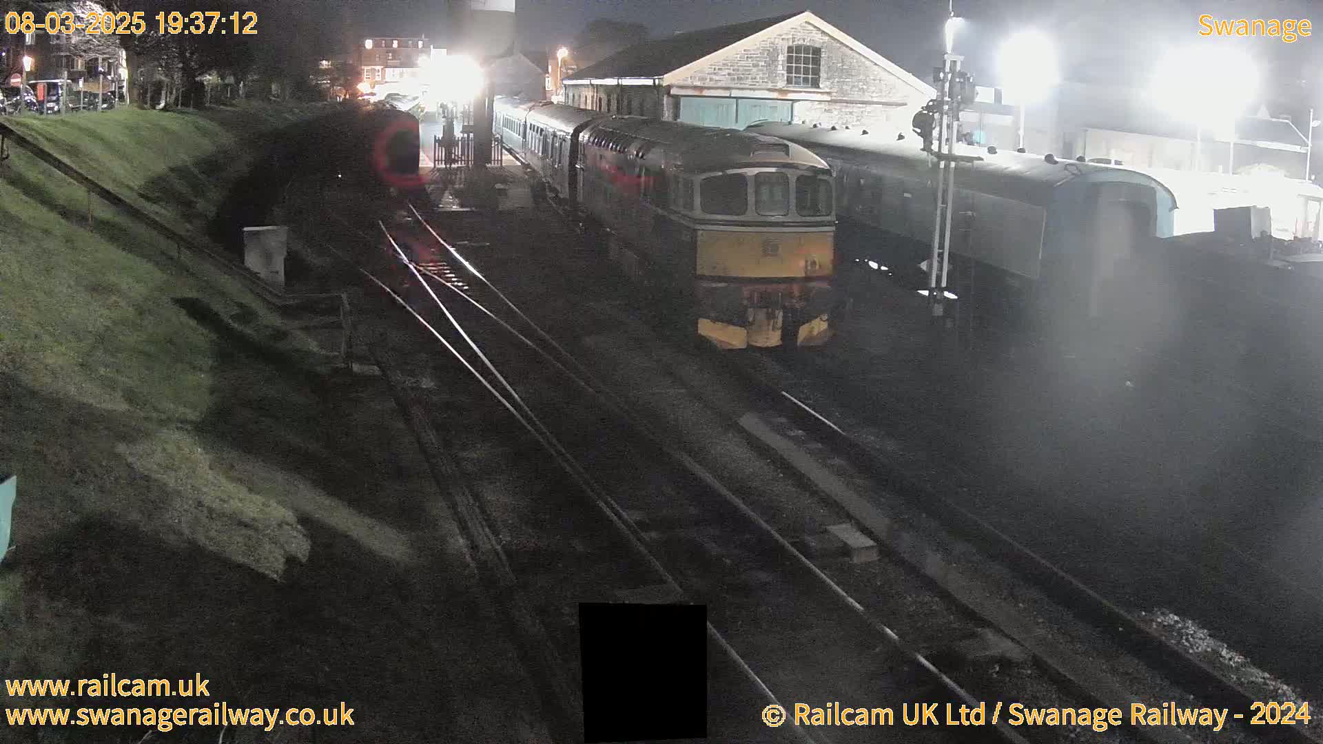 A diesel train sits at night in a train yard next to several other railcars and a building.