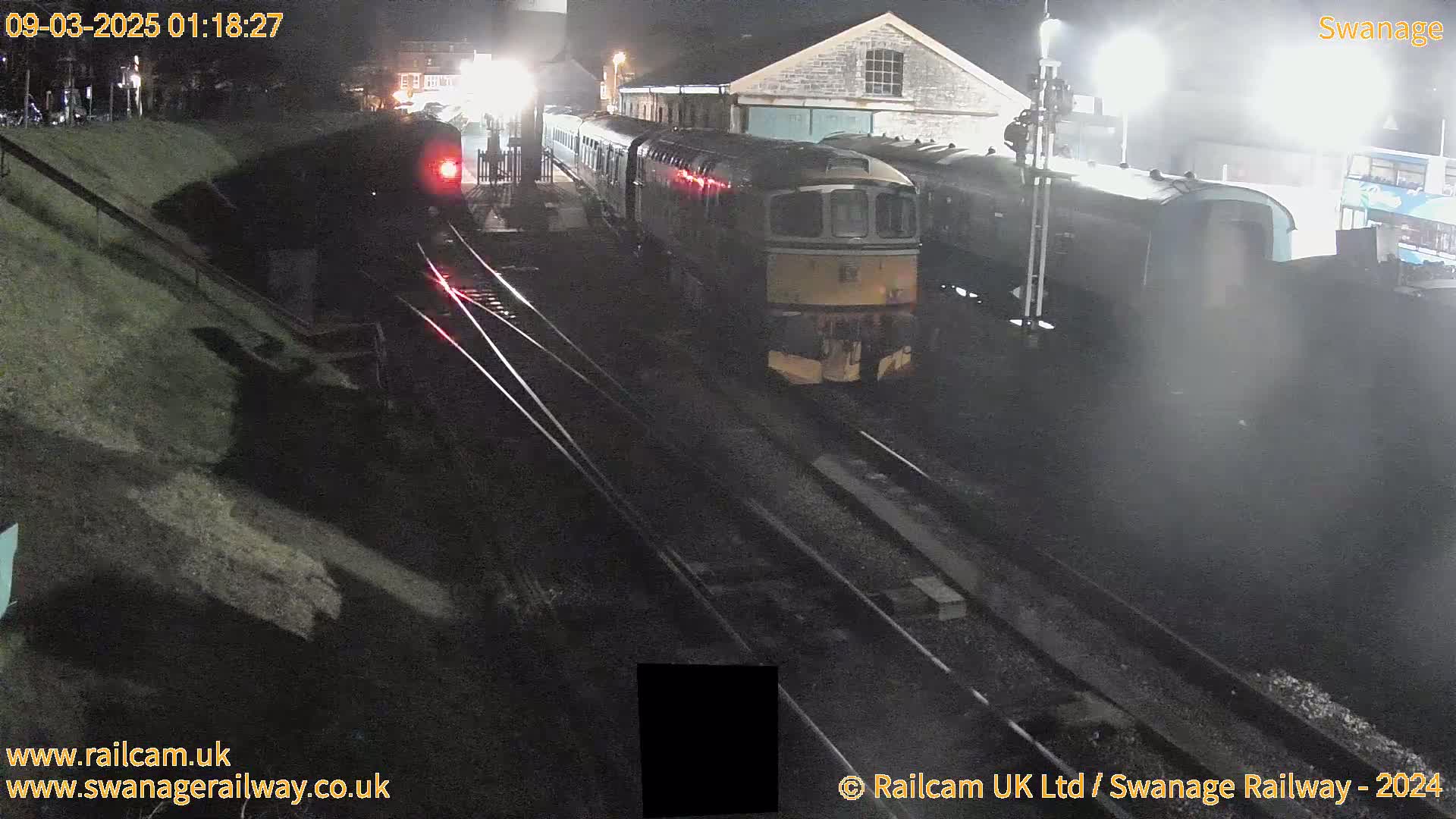 At night, a diesel train sits in a station yard next to railway tracks and buildings.