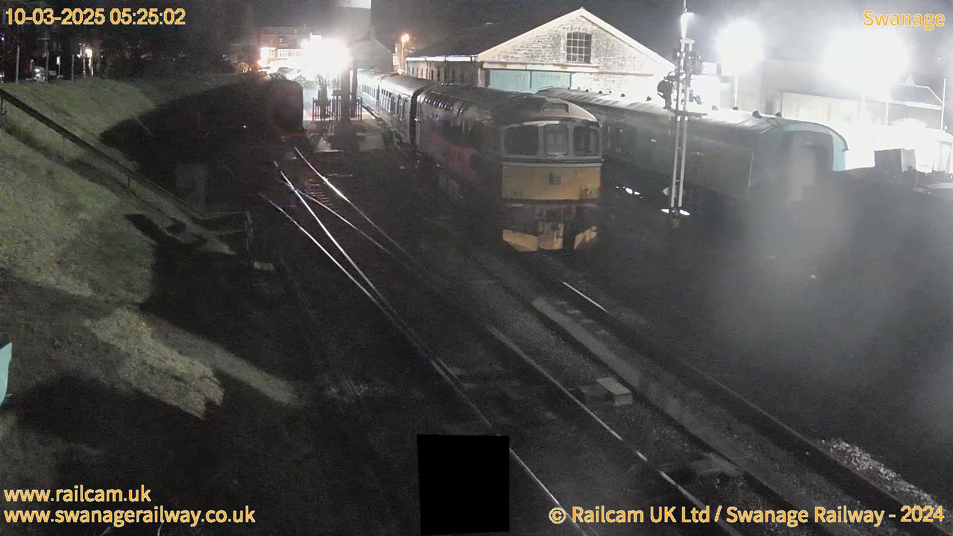 A diesel train is parked at night next to a railway building and tracks.