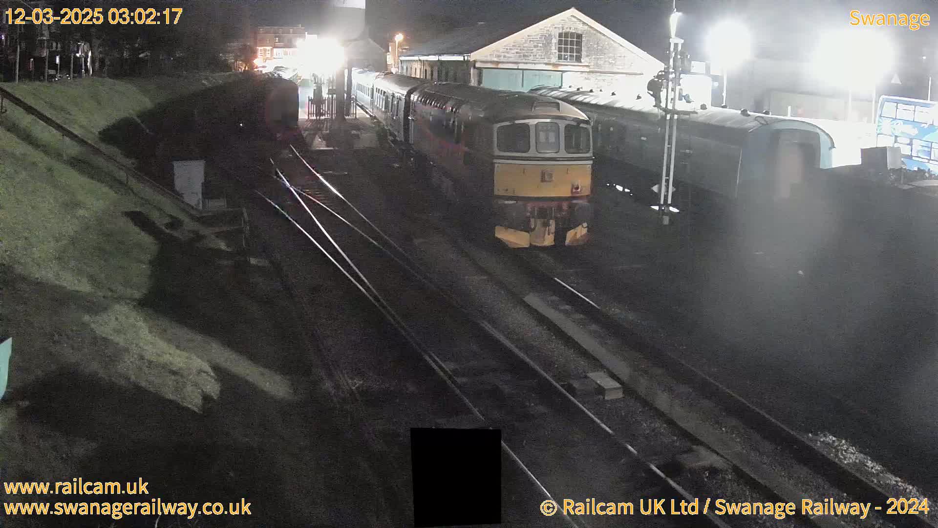 A diesel train is parked at night next to railway tracks and buildings.