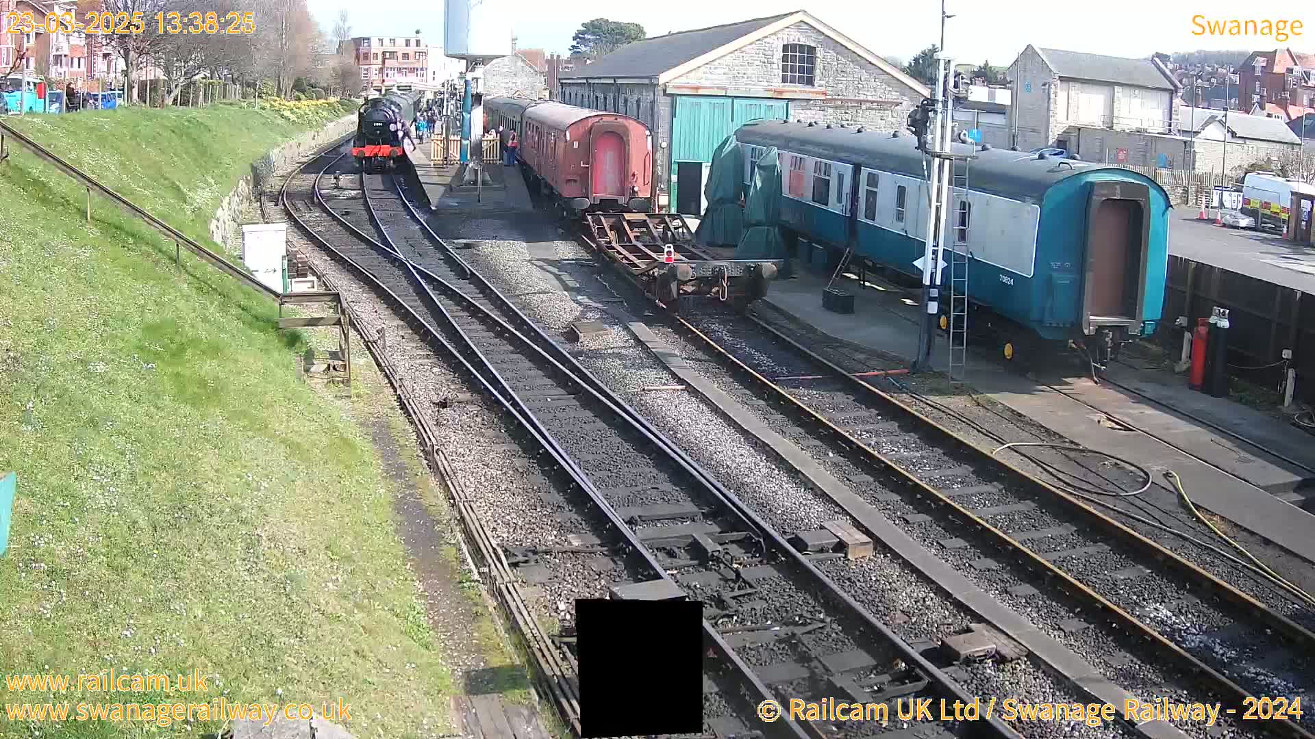 A dark-colored steam locomotive and several passenger cars are parked on railway tracks on a sunny day.
