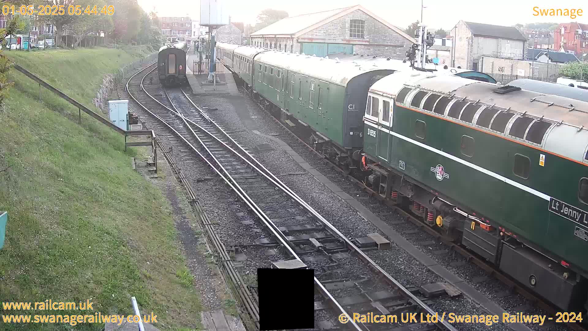 A green diesel train sits on railway tracks next to a grassy embankment, under overcast skies.