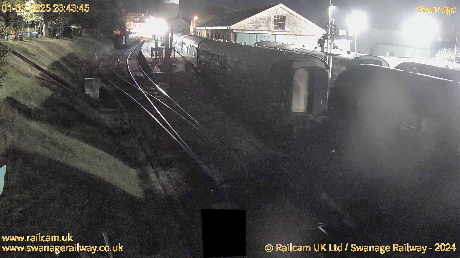 At night, a long dark train is parked at a station next to several railway tracks.