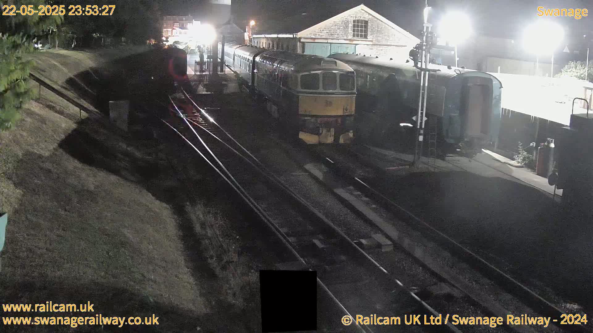 A diesel locomotive and several railway carriages are parked at night at a train station beside a sloped grassy area.