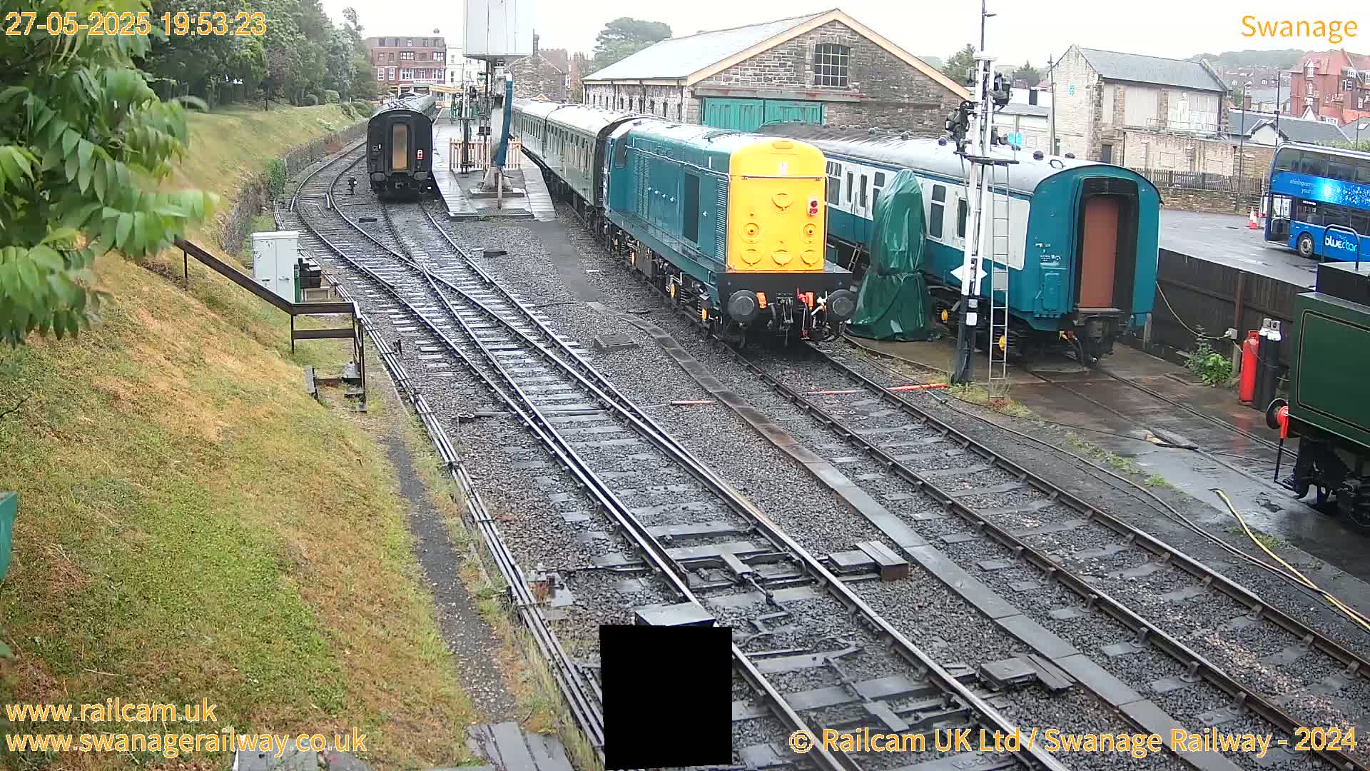 A rain-soaked railway yard shows several teal and green train cars, a locomotive, and a partially visible steam engine; a double-decker bus is parked in the background.