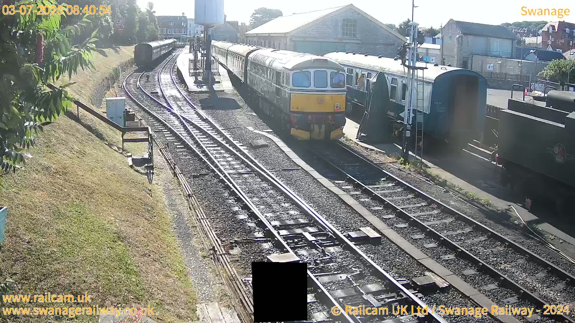 A diesel train pulls into a railway station on a sunny day, with other train cars and a steam locomotive visible nearby.