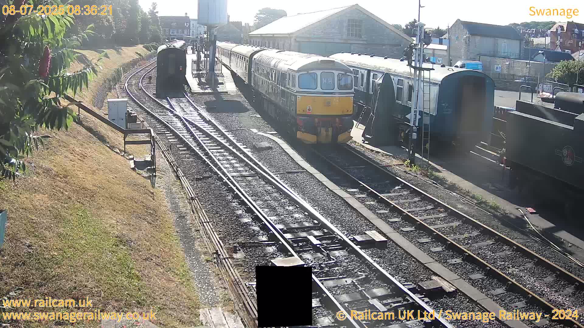 A diesel train is at a station on sunny day next to several rail cars and a steam locomotive.