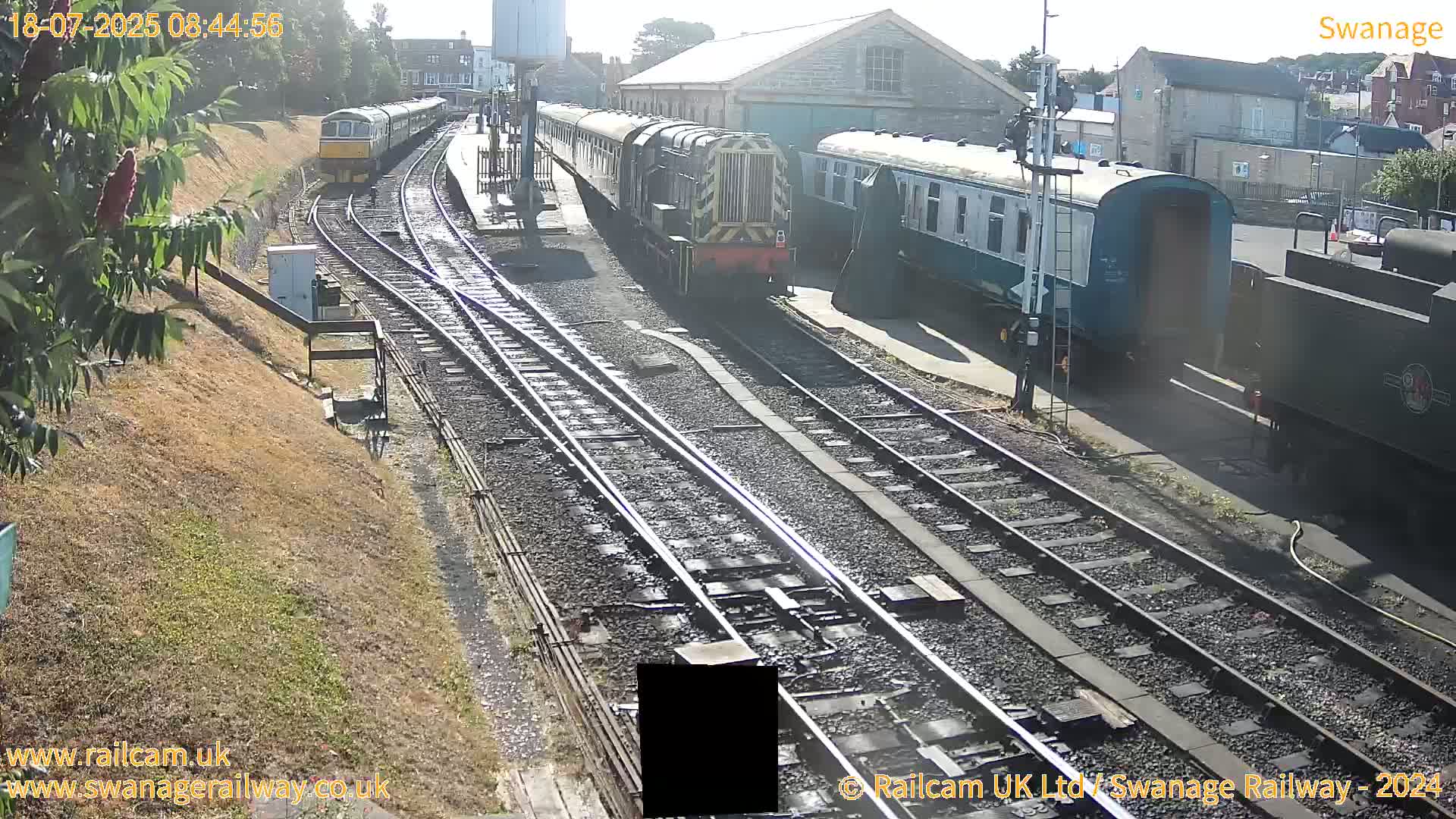 Multiple railway carriages and locomotives are parked on sunny railway tracks at a station.