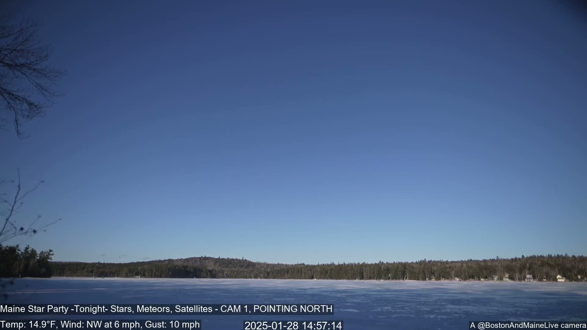 A frozen lake stretches out before a treeline under a clear blue sky.