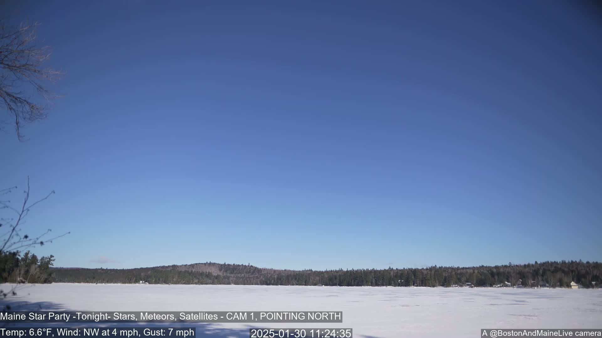 A frozen lake is visible, bordered by a dark evergreen forest under a clear blue sky.