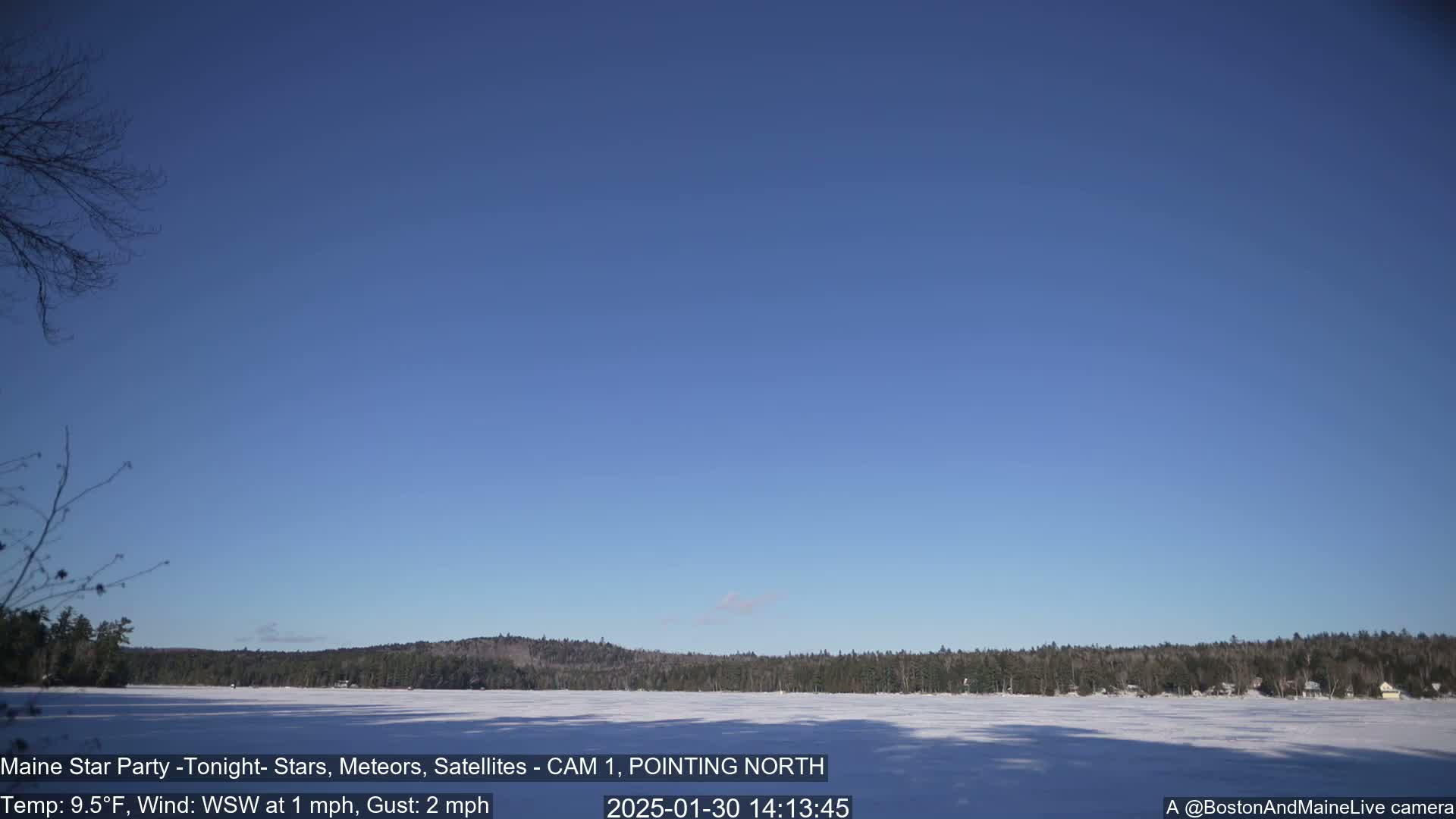 A snow-covered frozen lake is visible, extending to a dark line of evergreen trees under a clear, bright blue sky.