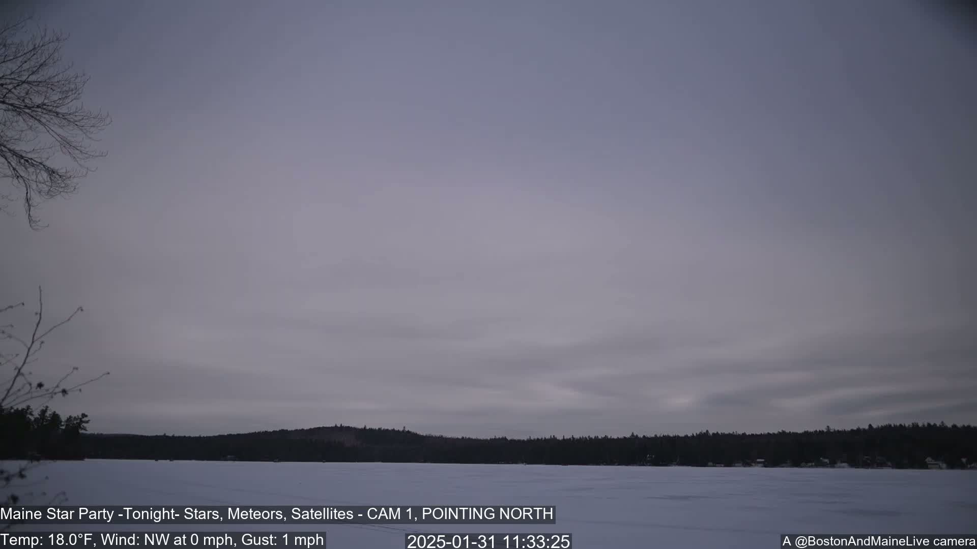 A snow-covered lake is visible under a calm, dusky sky, with bare trees and a dark treeline in the background.