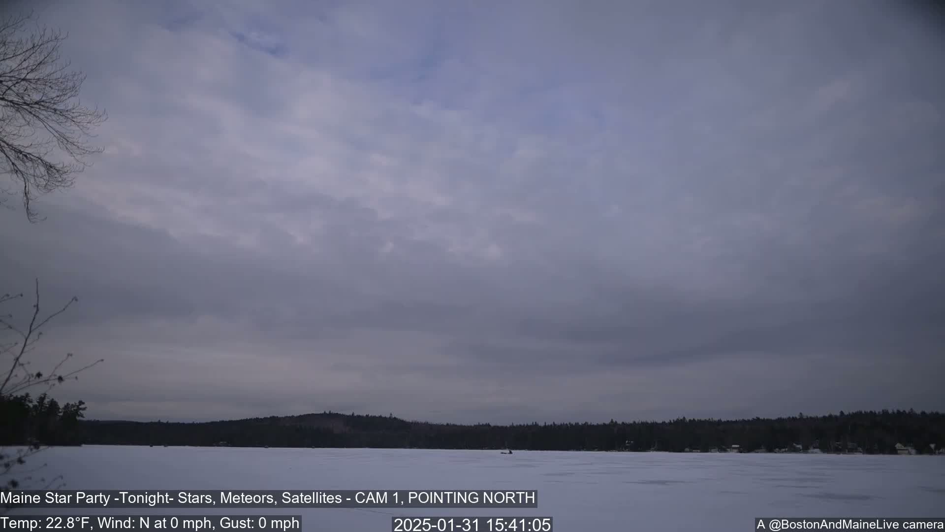 A mostly cloudy sky hangs over a frozen lake with a distant treeline.