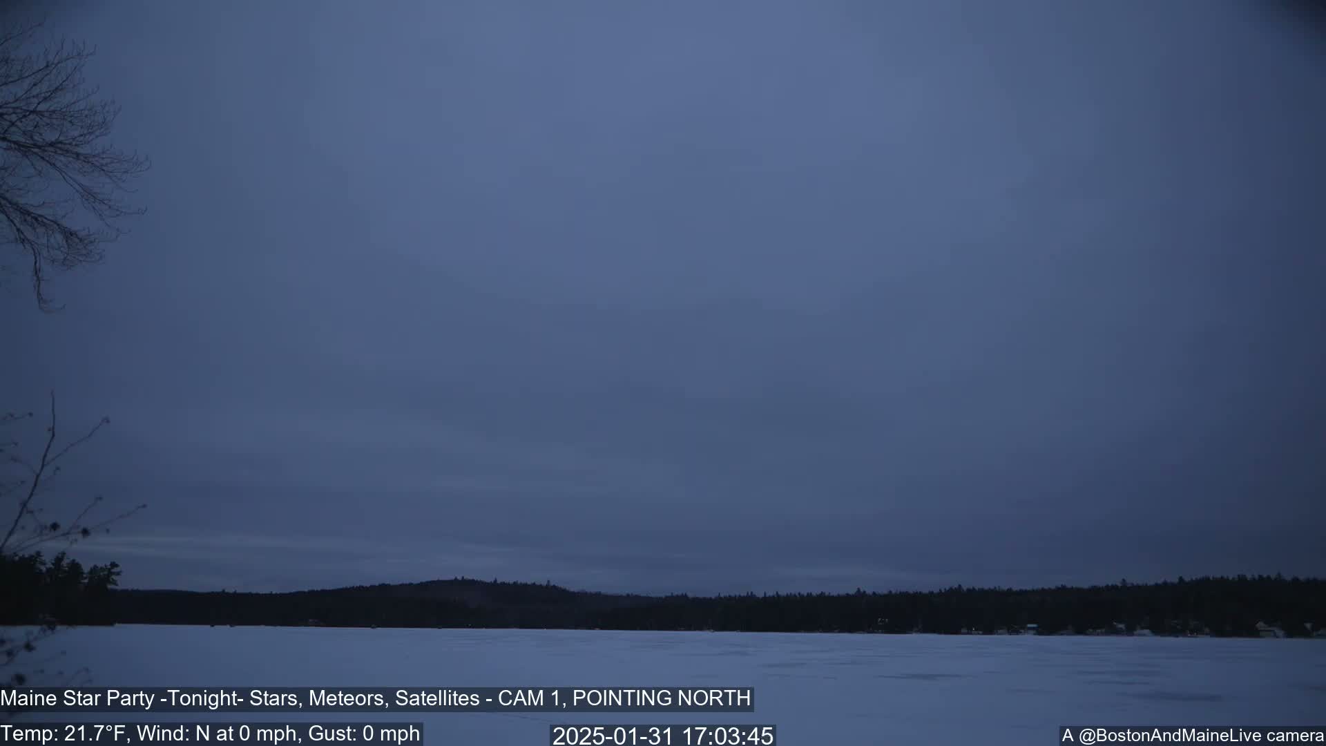 A calm, twilight scene shows a frozen lake under a dusky blue sky, with a dark treeline in the background.