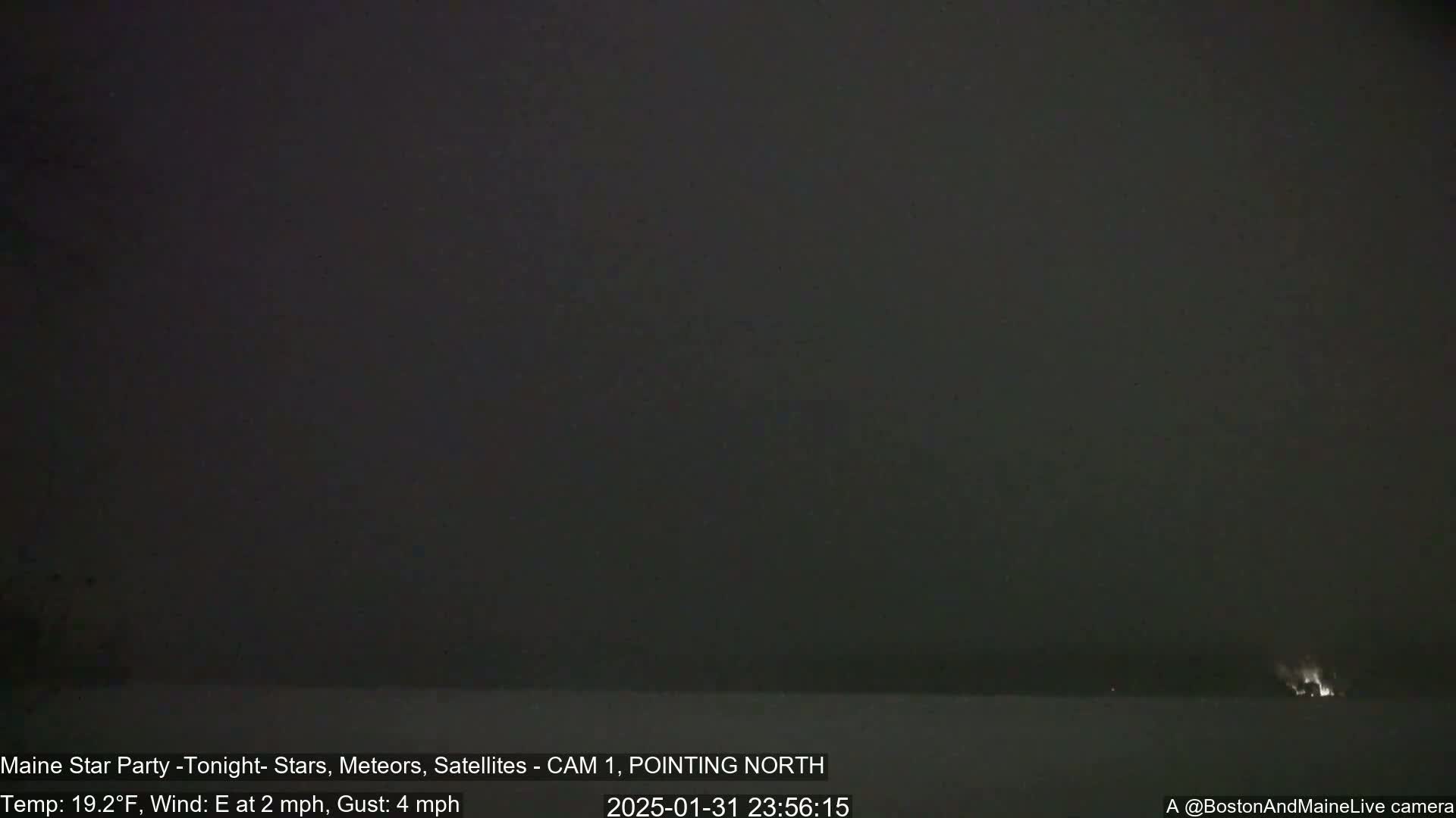 A dark, nighttime scene shows a mostly clear sky with a faint haze or fog near the horizon under a 19.2°F temperature and an east wind of 2 mph with gusts up to 4 mph.
