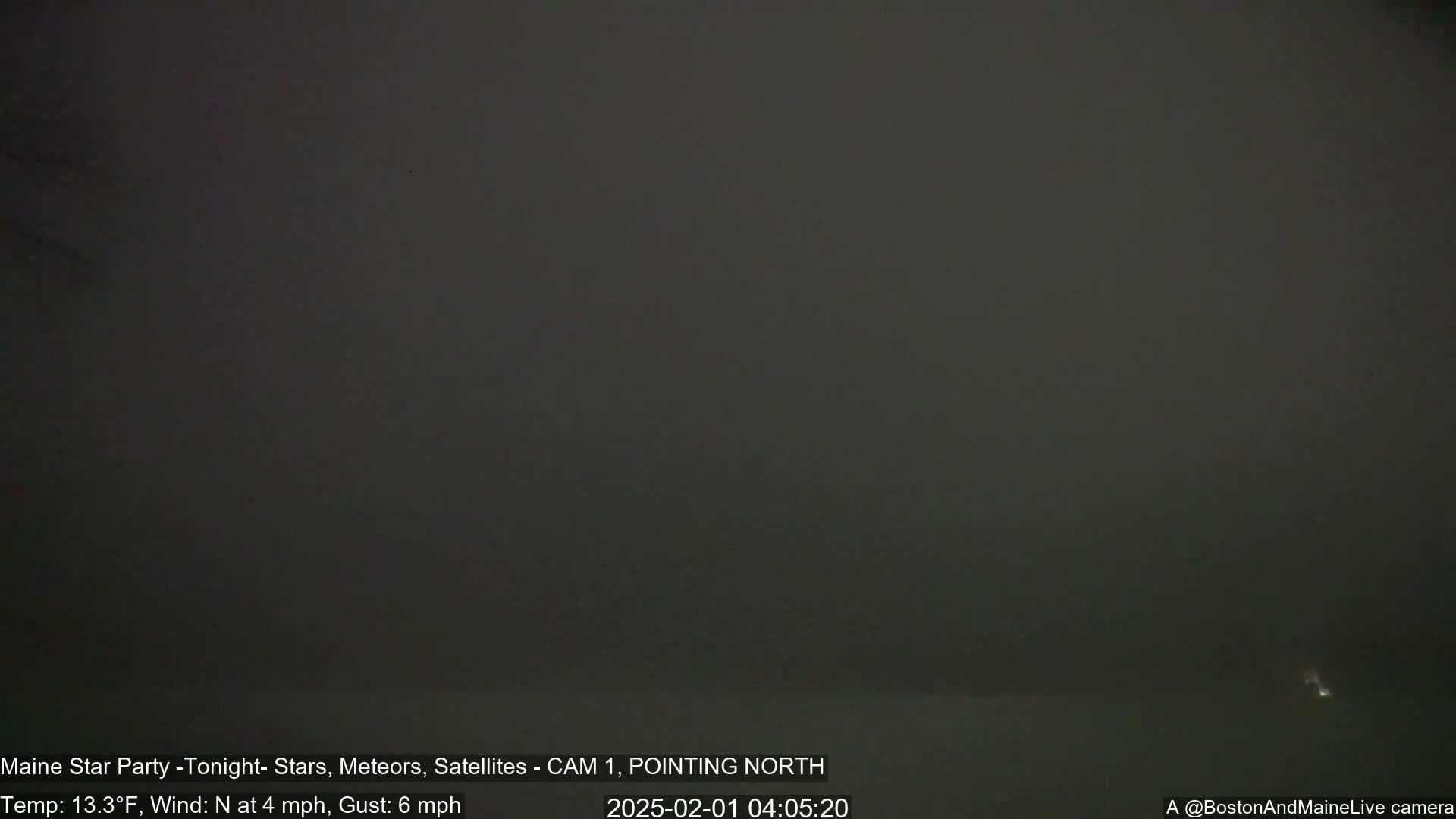 A dark, nighttime scene shows a mostly clear sky with a faint northerly wind.