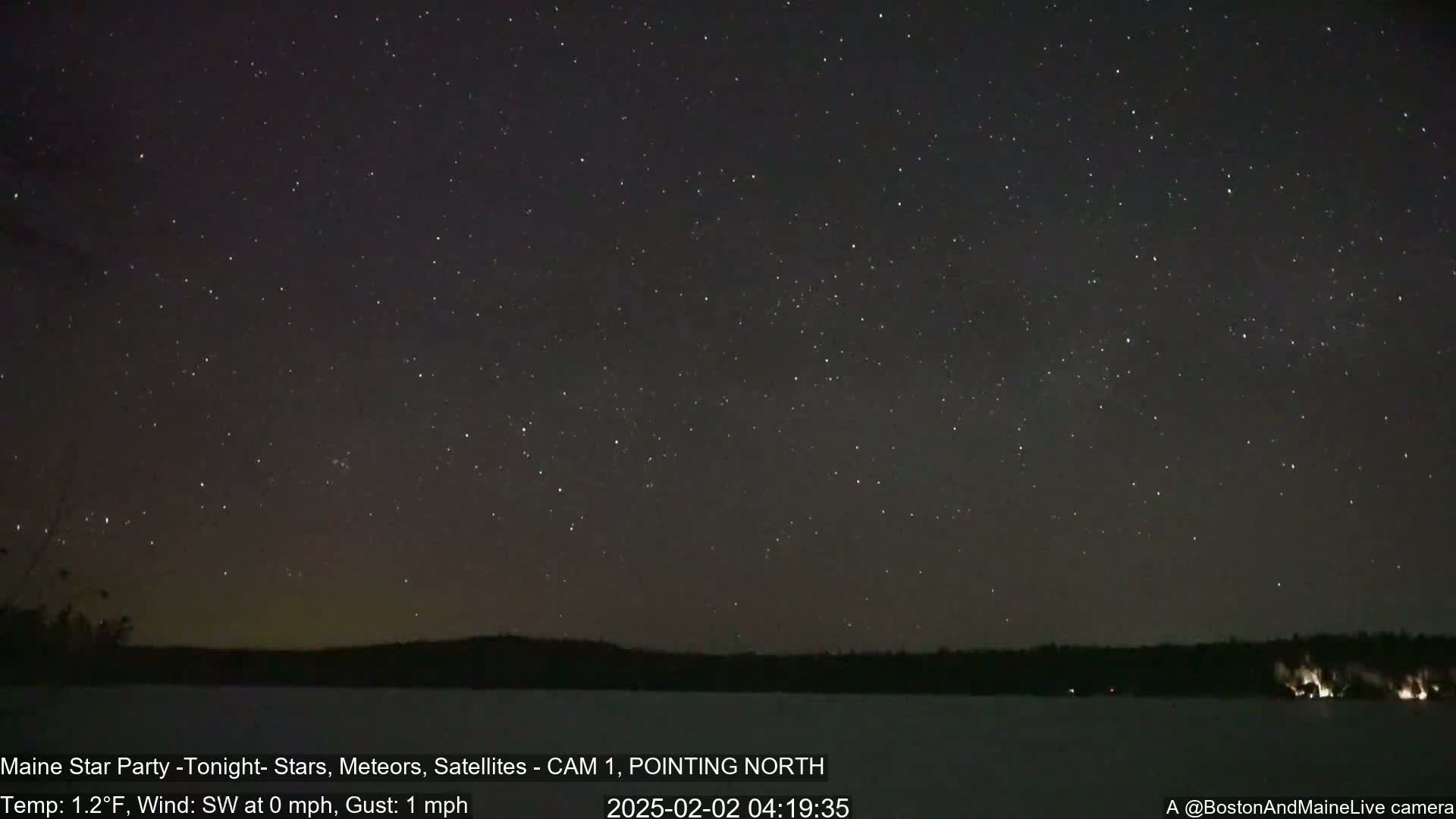 A clear night sky filled with stars, above a dark, snow-covered landscape, with a calm, 1.2°F southwest wind and a 1 mph gust.