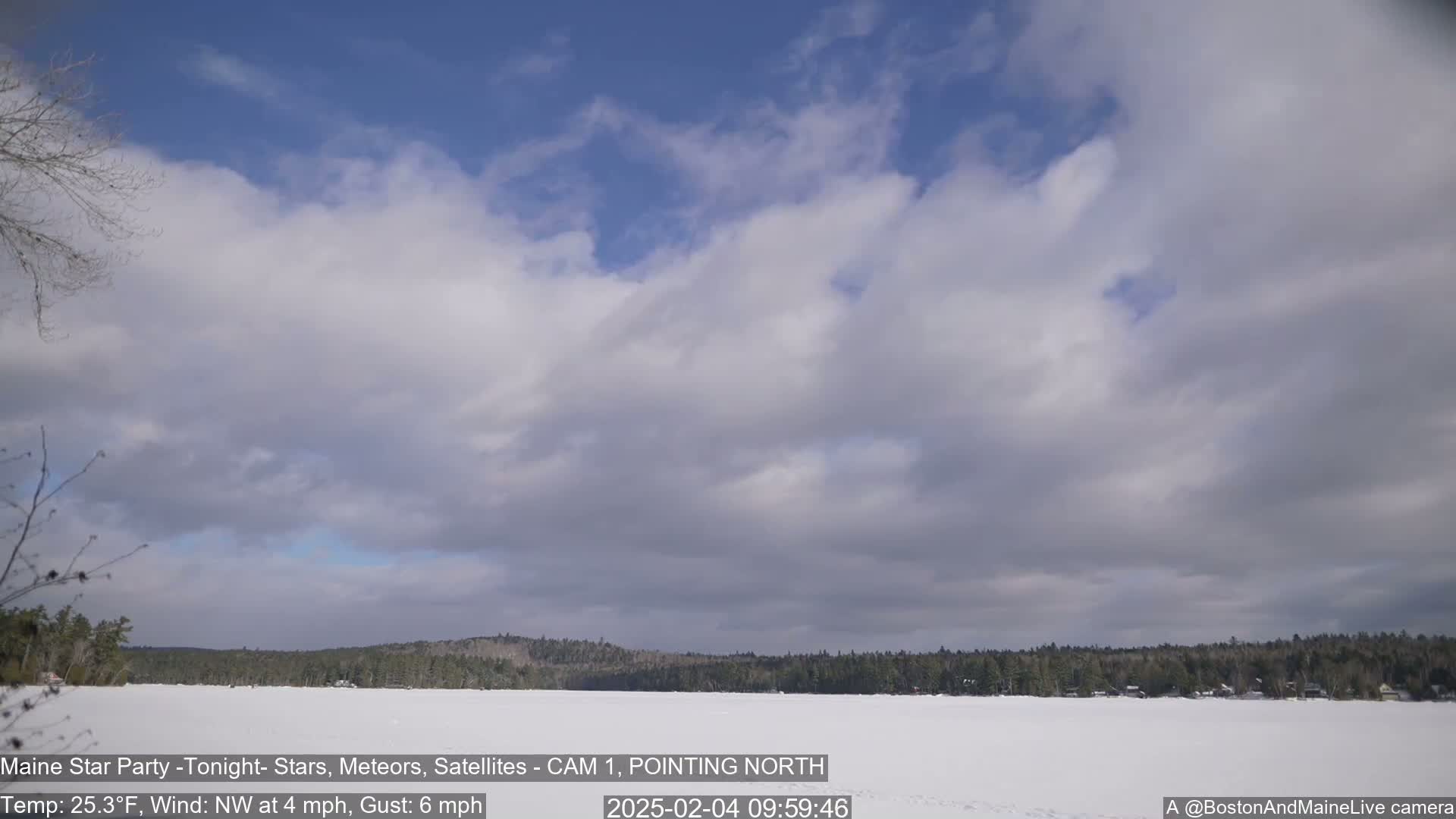 A mostly cloudy, but bright, winter day shows a snow-covered lake with a dark, evergreen tree-lined shore in the distance.