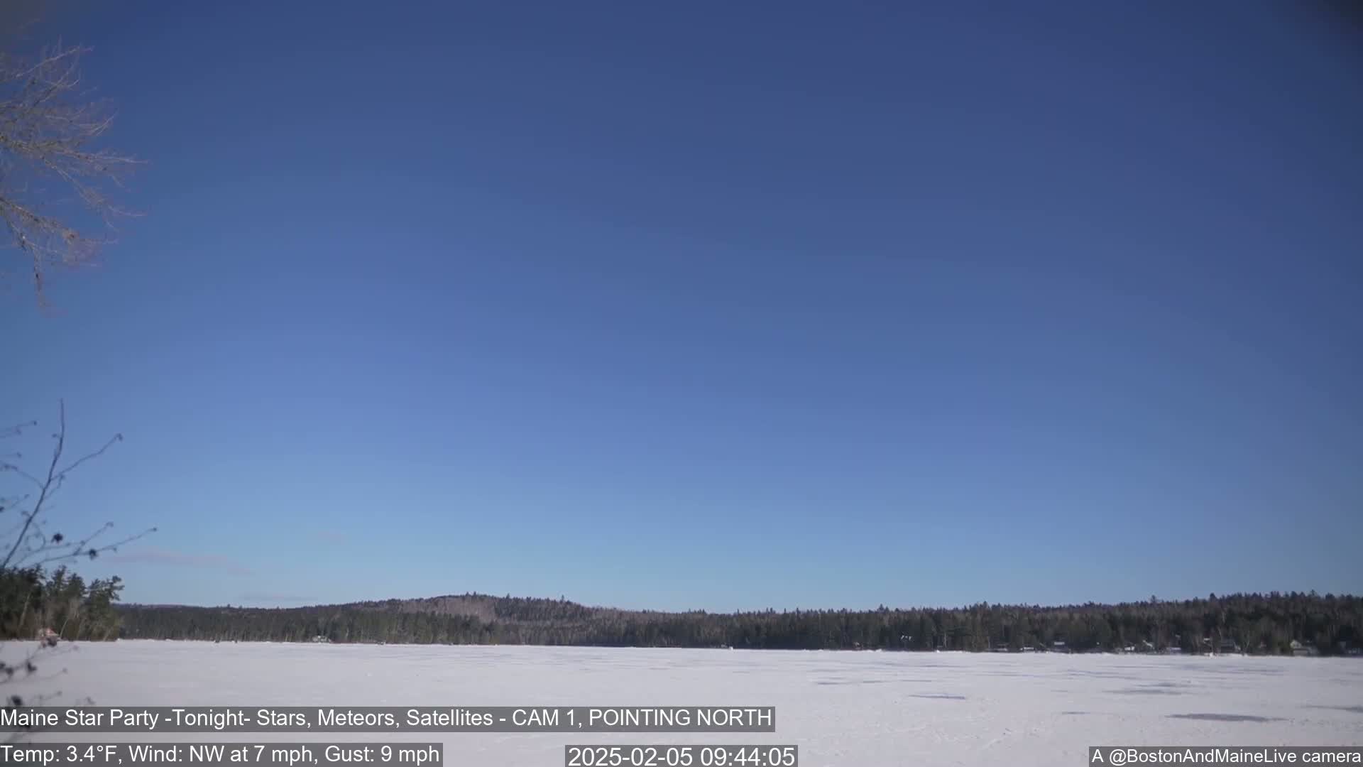 A frozen lake stretches to a snow-covered treeline under a clear blue sky.