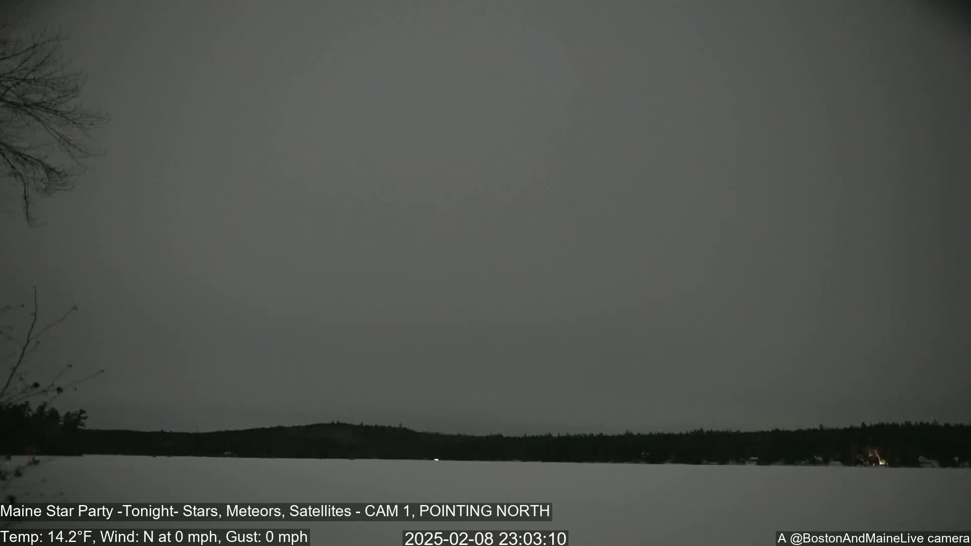 A dark, overcast night scene shows a snow-covered lake and distant trees under a gray sky, with no wind.