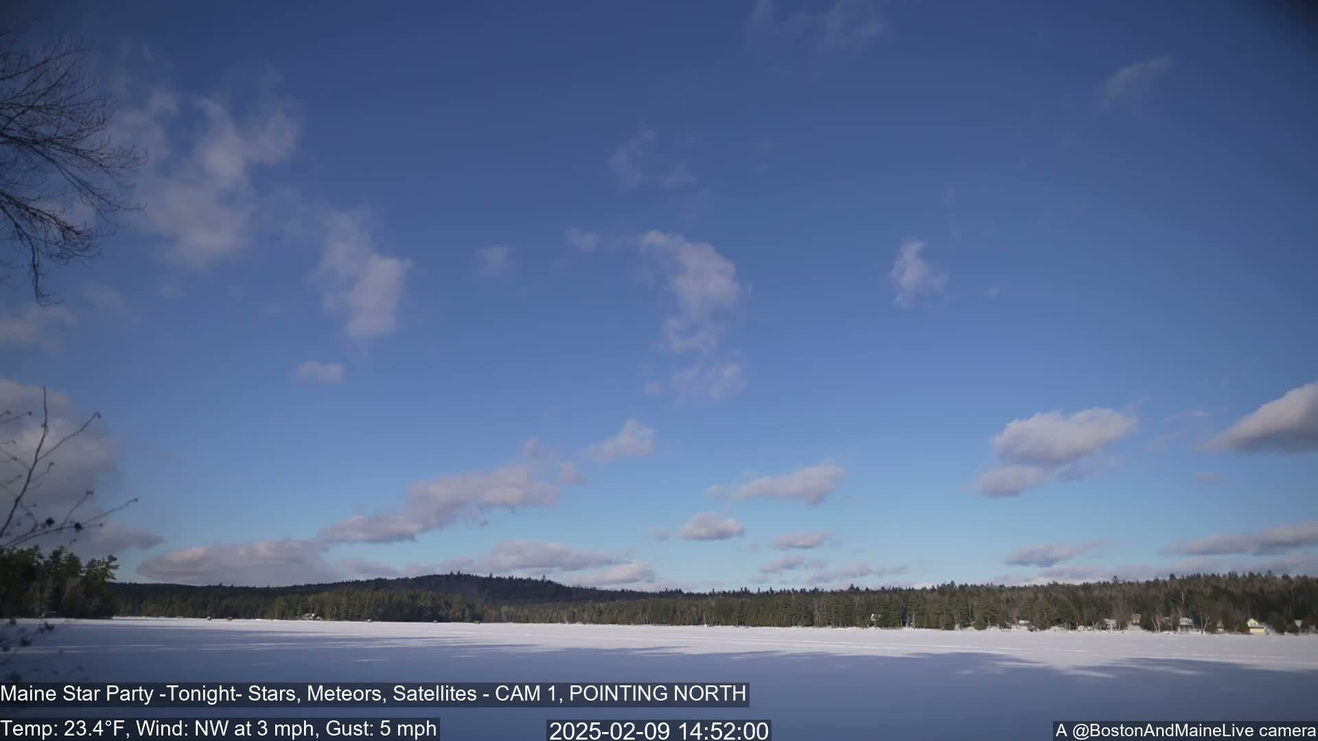 A mostly clear blue sky with scattered cumulus clouds overlooks a snow-covered frozen lake and a dark evergreen forest under a bright sun.