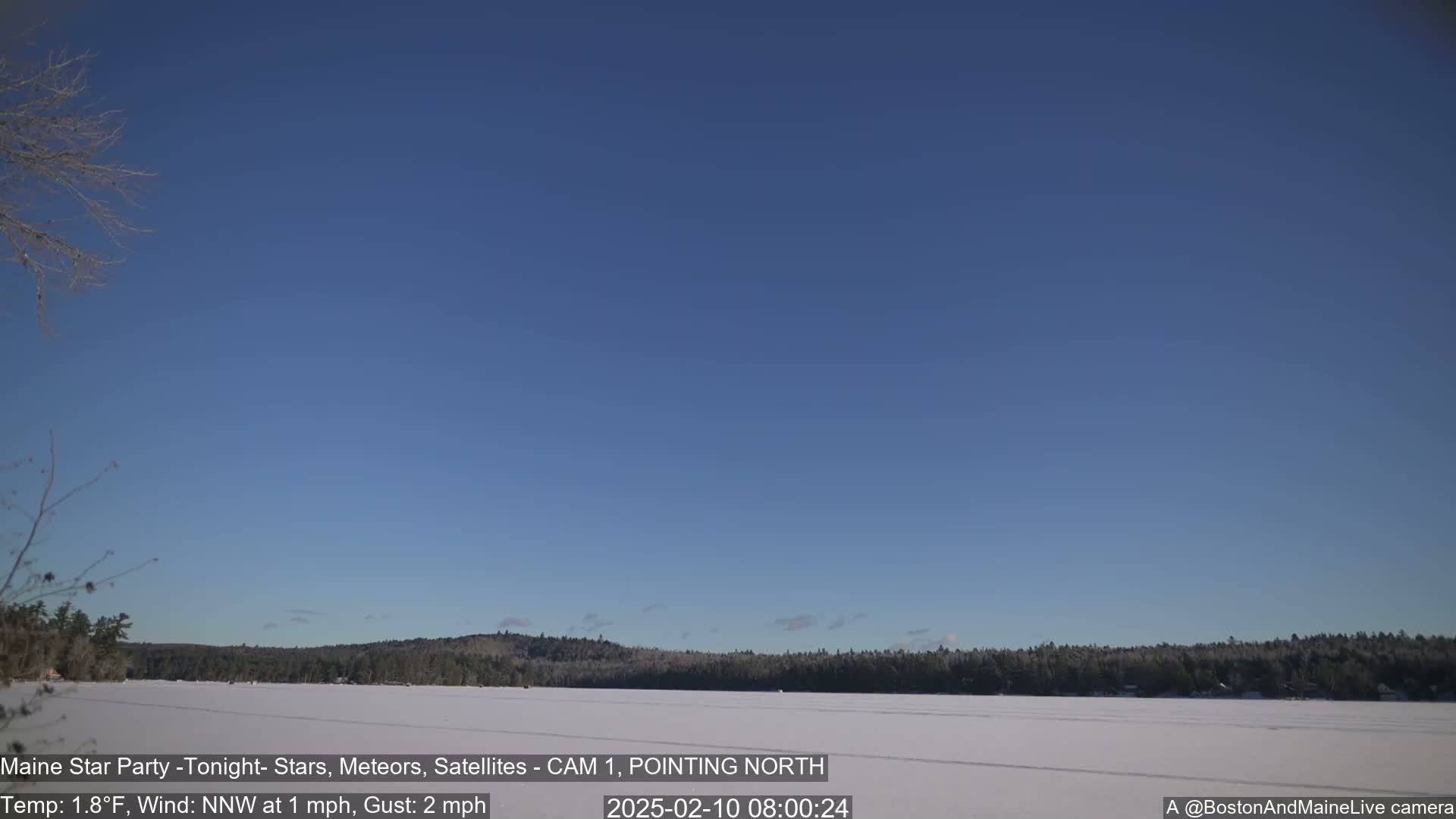 A frozen lake extends to a snow-covered treeline under a clear blue sky.