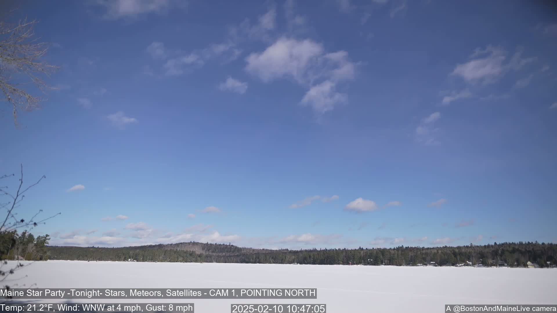 A snow-covered lake stretches out before a line of dark trees under a mostly clear, light-blue sky with a few scattered clouds.
