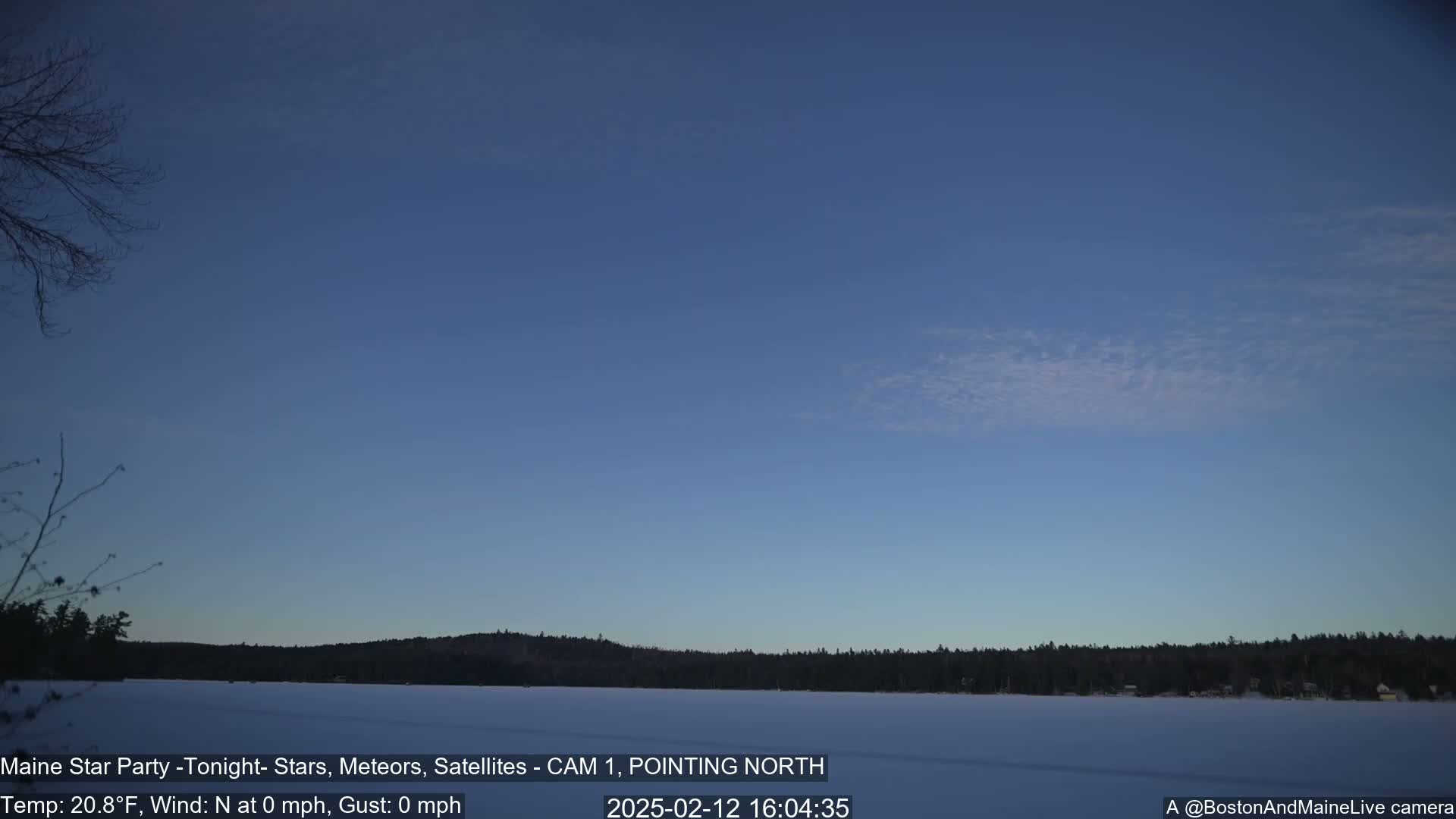 A frozen lake stretches across a landscape of dark trees under a clear, twilight sky.