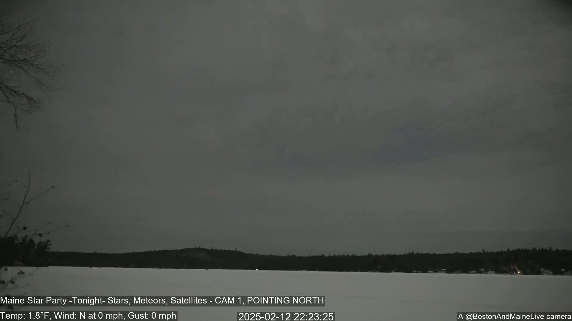 A dark, overcast night scene shows a frozen lake with a treeline in the distance under a gray sky.