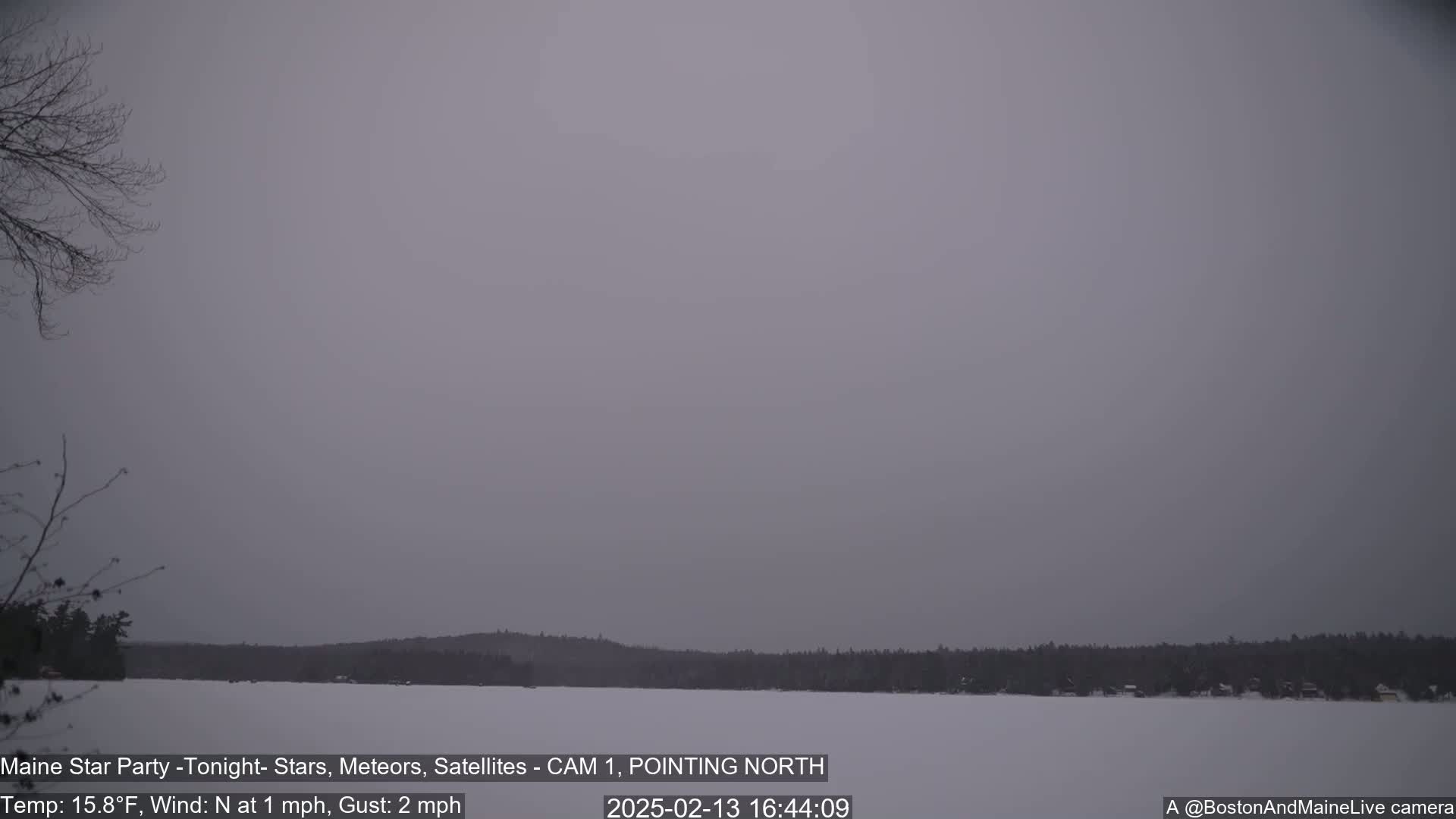 A snow-covered, frozen lake is visible under an overcast, gray sky with a light northerly wind.