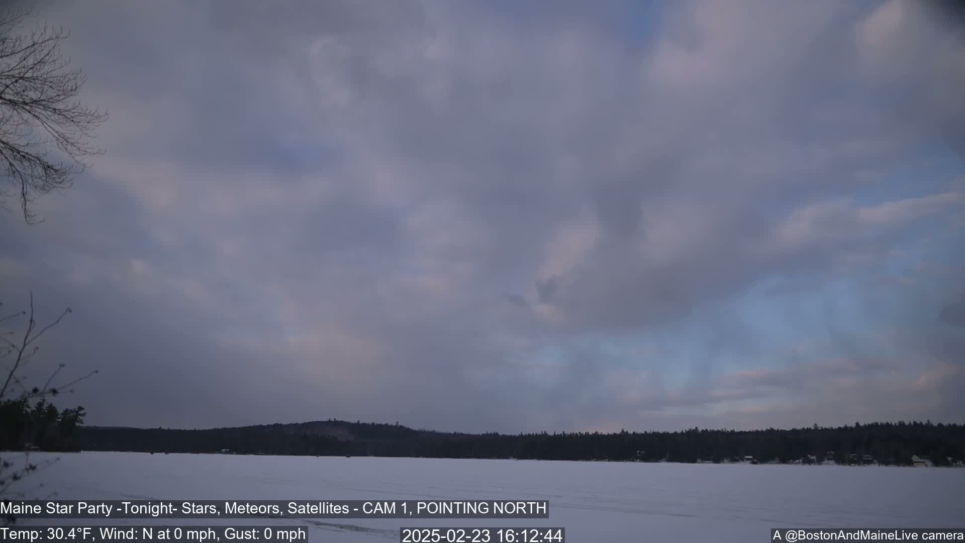 A frozen lake is visible beneath a mostly cloudy, dusky sky;  bare trees line the far shore.