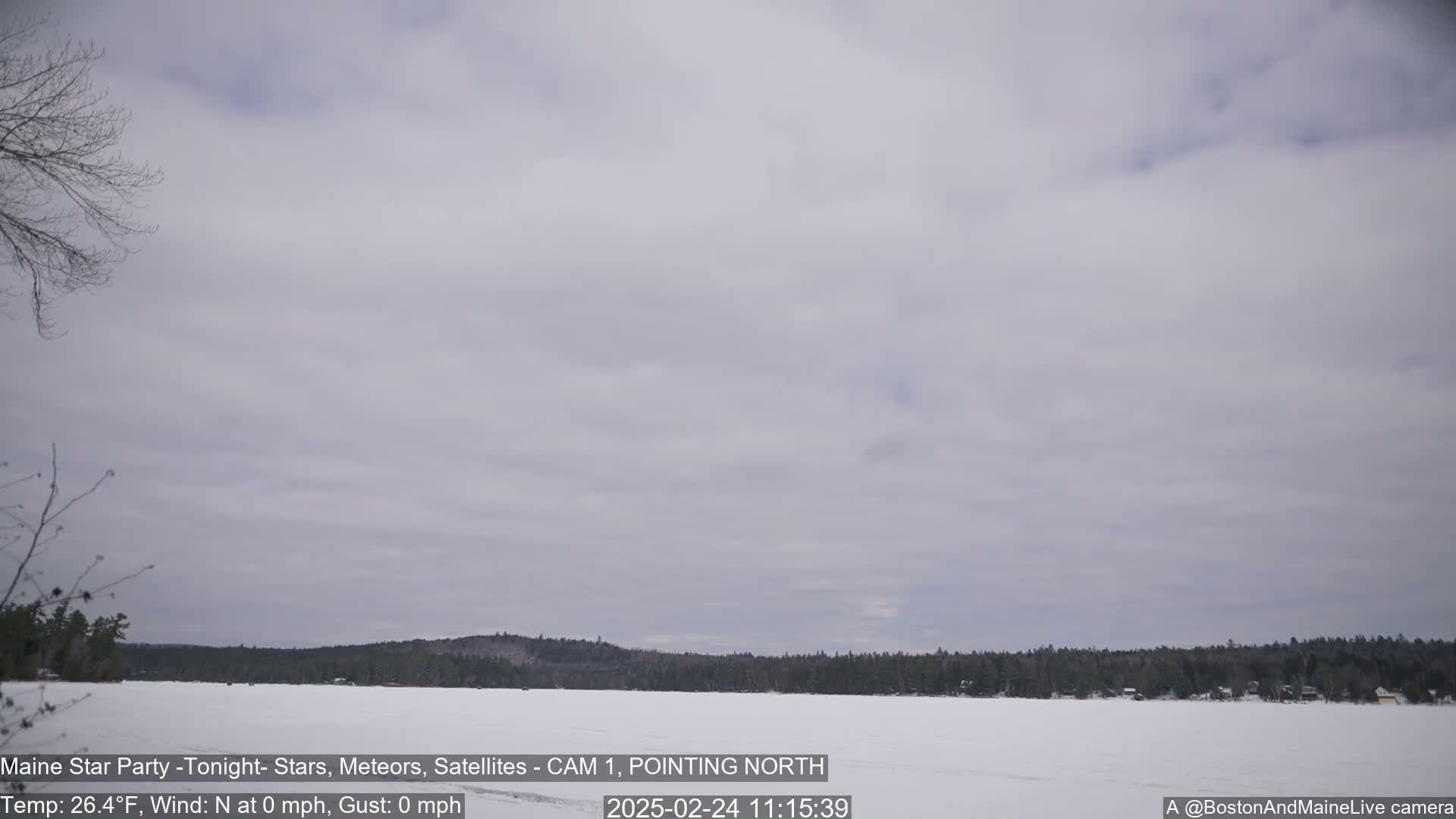 A snow-covered lake is visible under a cloudy sky, with a treeline in the background.