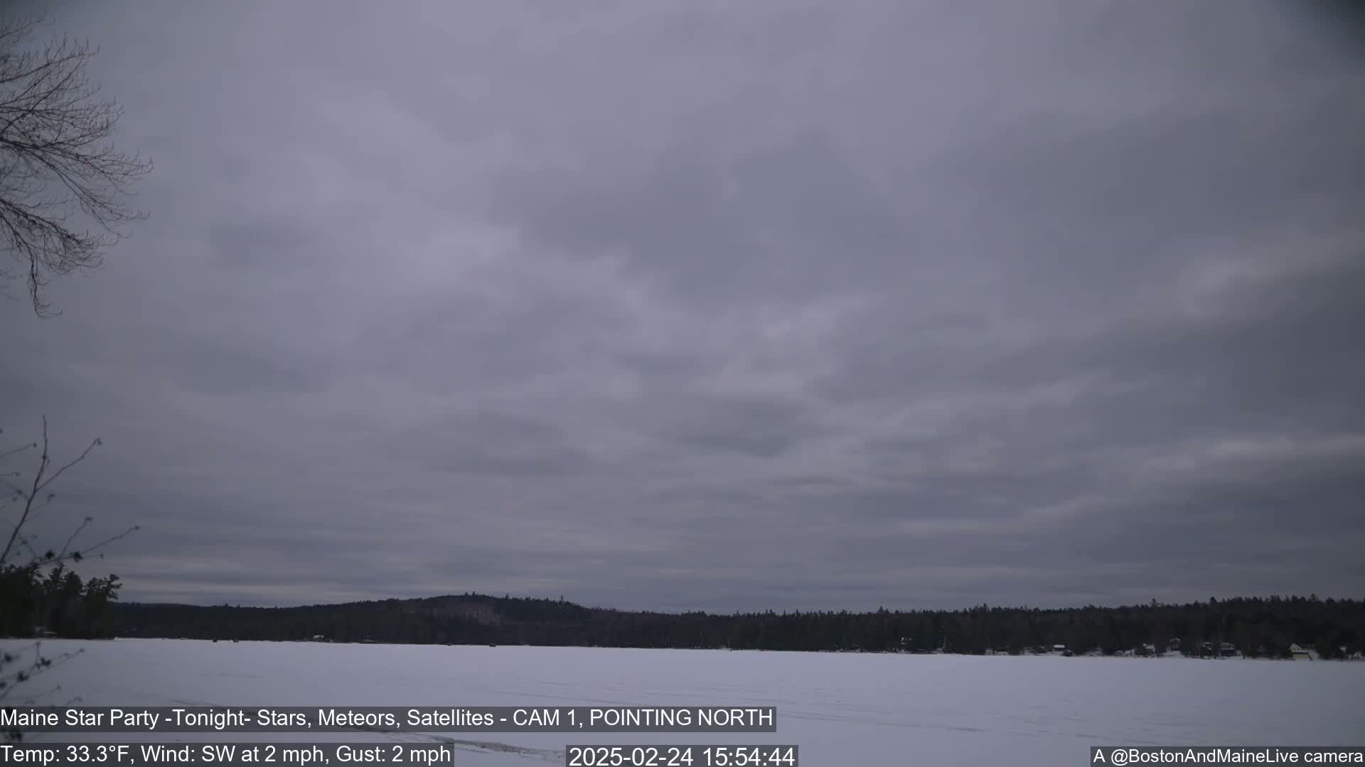 A snow-covered frozen lake is visible beneath an overcast sky, with a dark treeline in the background.