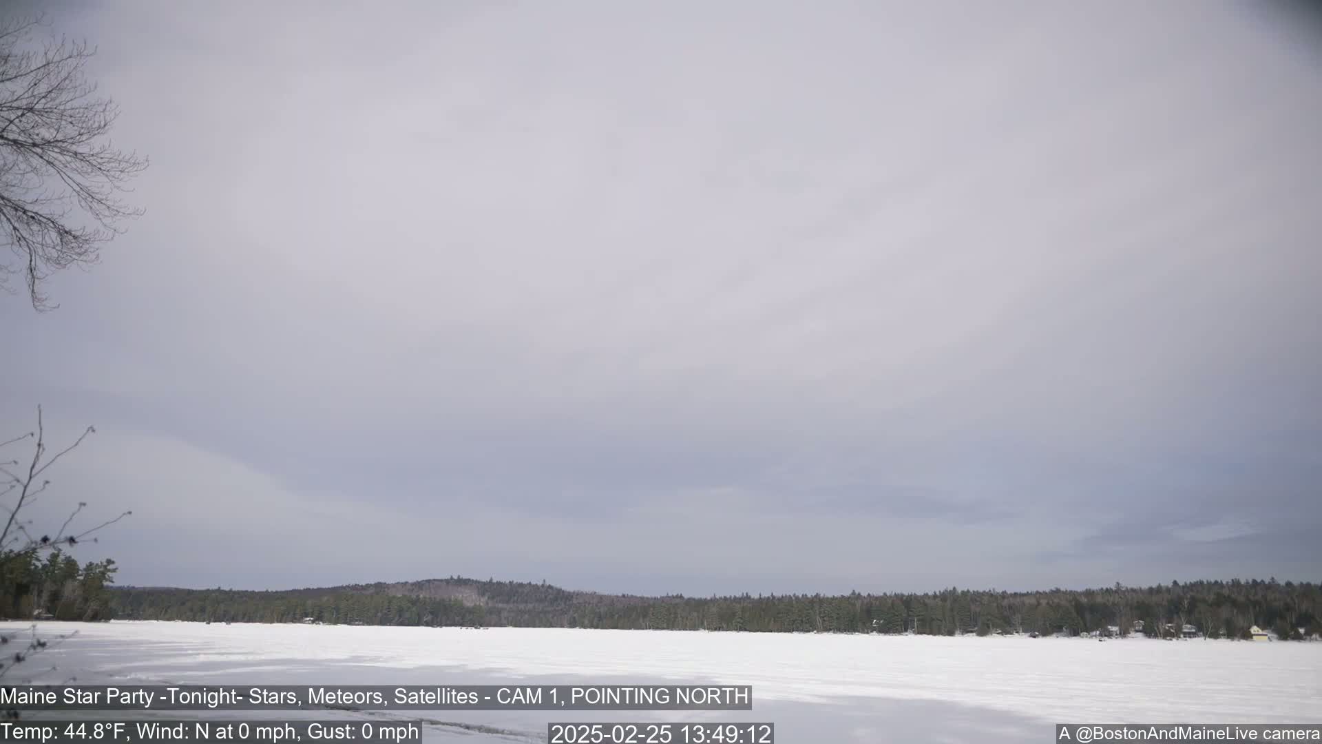 A snow-covered frozen lake is visible under an overcast sky.