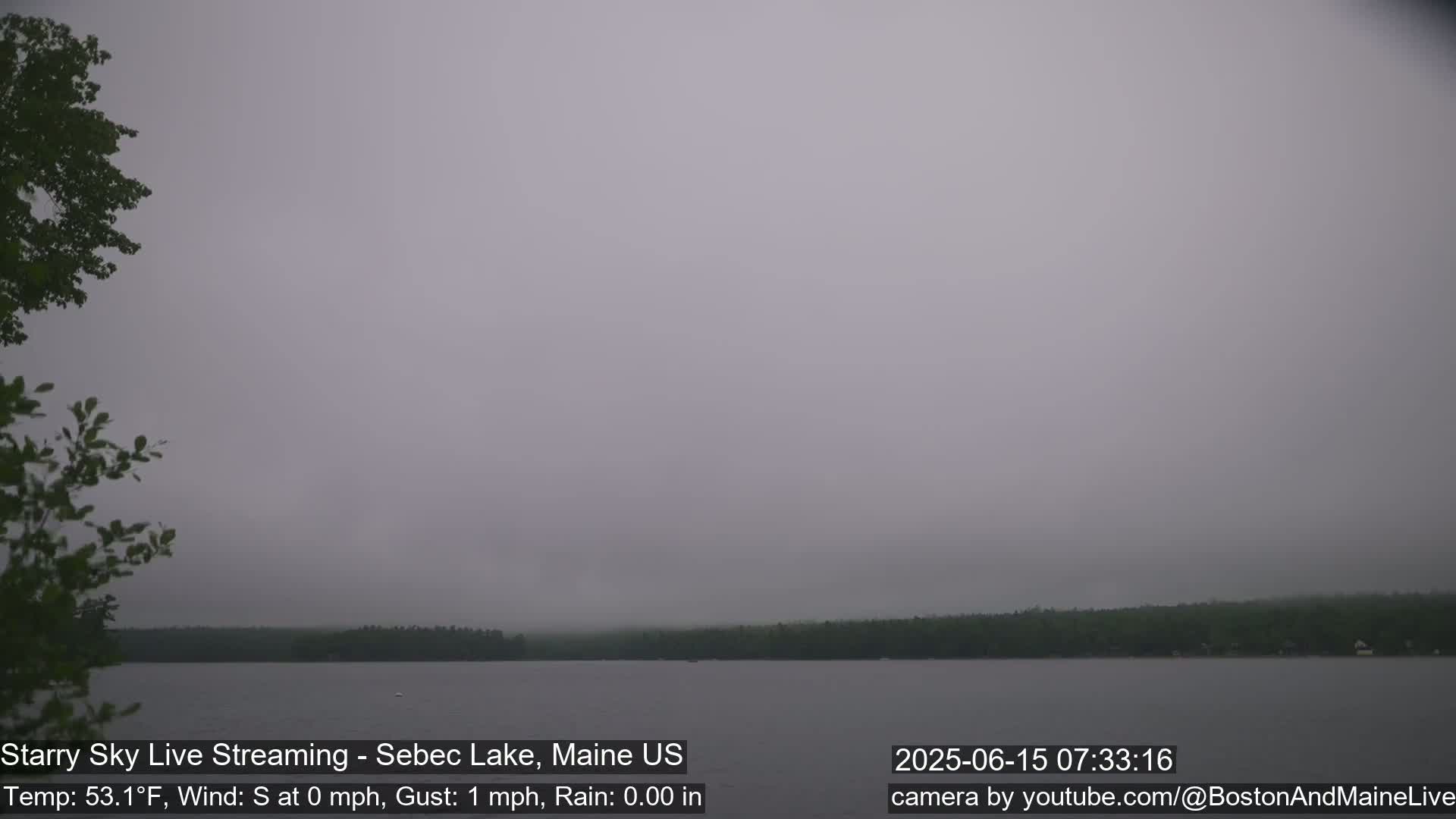 A calm, foggy lake is seen from a lakeside vantage point, with a dark gray sky and a temperature of 53.1°F.