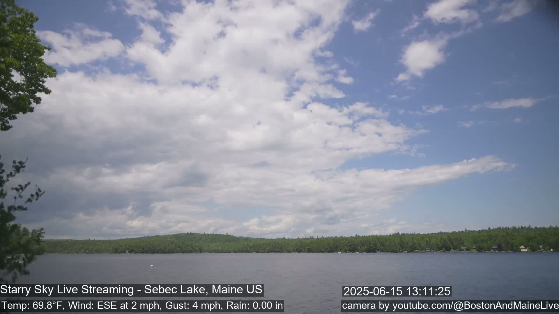 A calm lake is surrounded by a lush green shoreline under a partly cloudy sky.