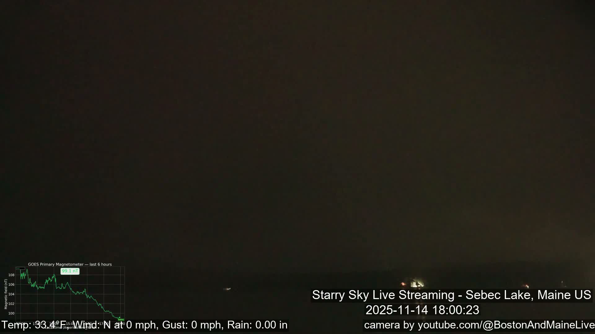 A very dark and hazy night scene features several faint, distant lights barely visible along a low horizon.