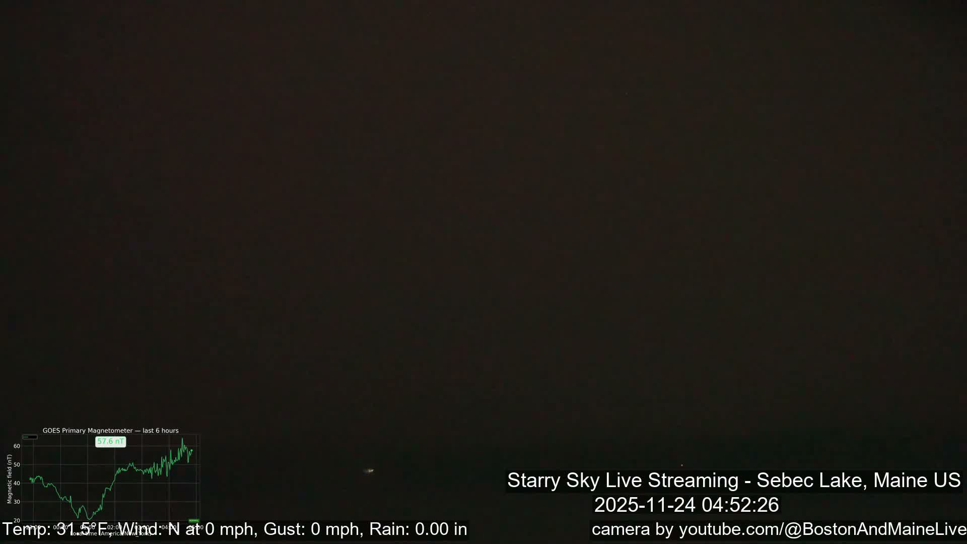 The image reveals an extremely dark, almost black outdoor scene at night, likely under overcast conditions, with only a few minuscule, faint light sources barely visible in the vast darkness.