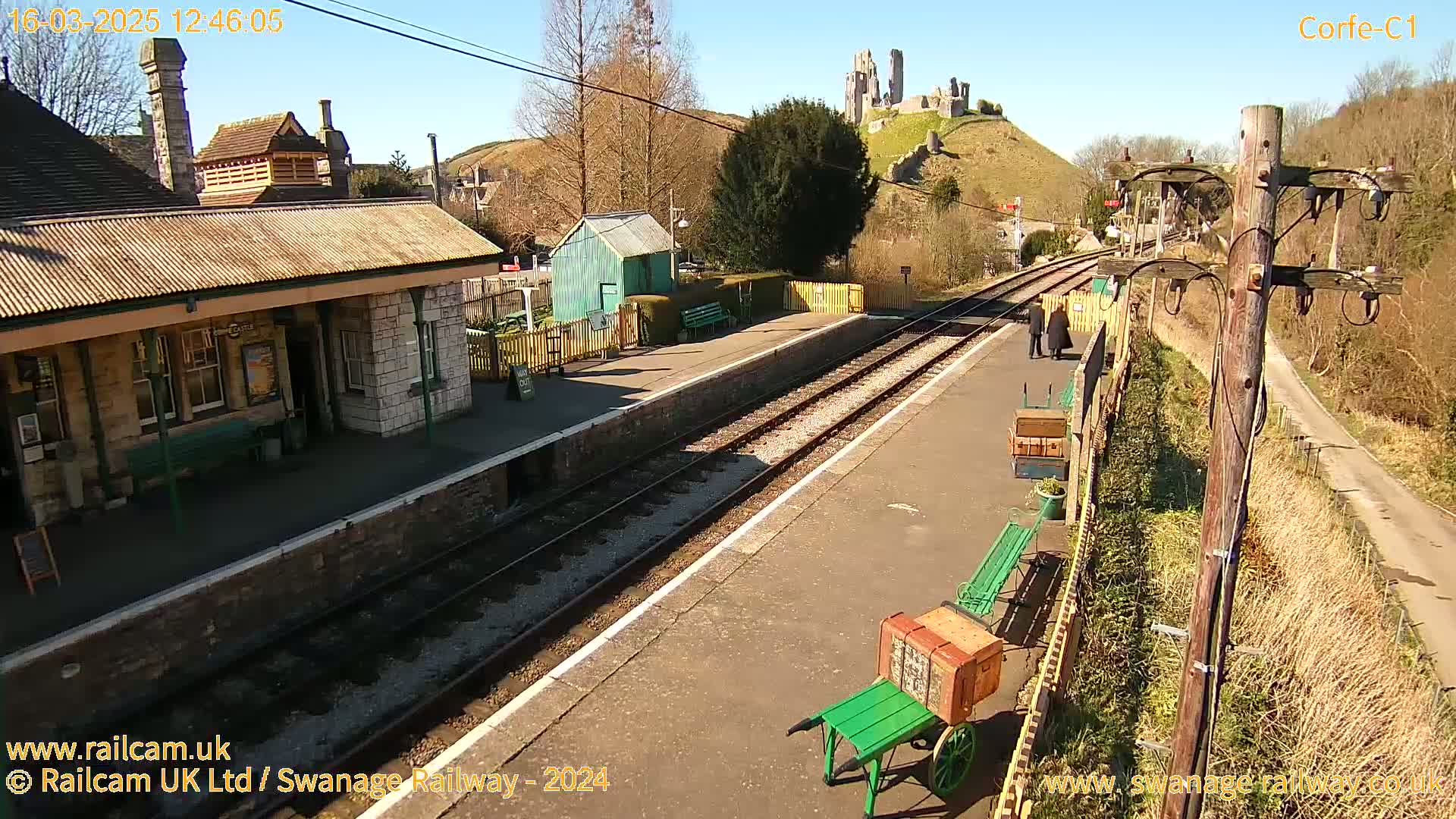 A sunny view of a train station platform with a stone building, train tracks, and a castle visible in the distance.