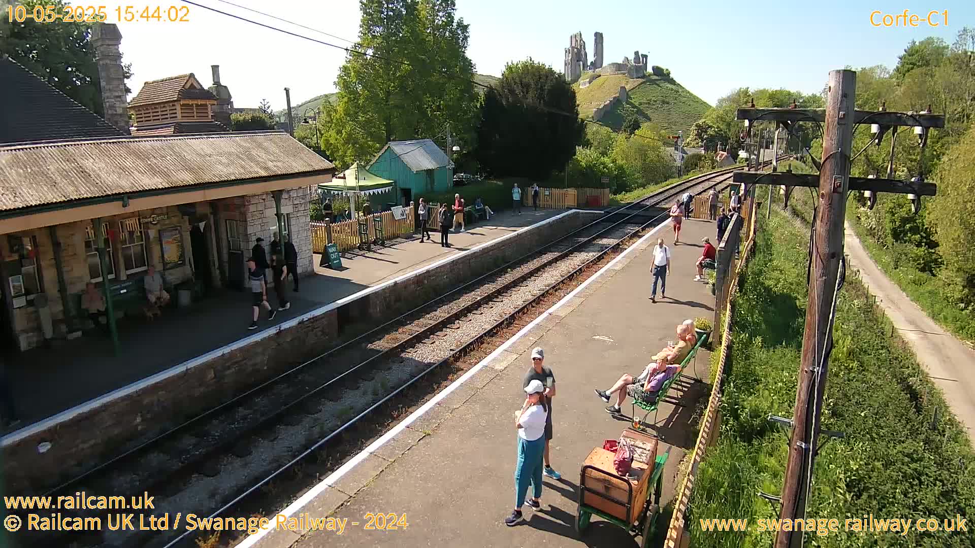 A sunny day at a train station shows people waiting on the platform, near a building, with a castle visible in the distance.