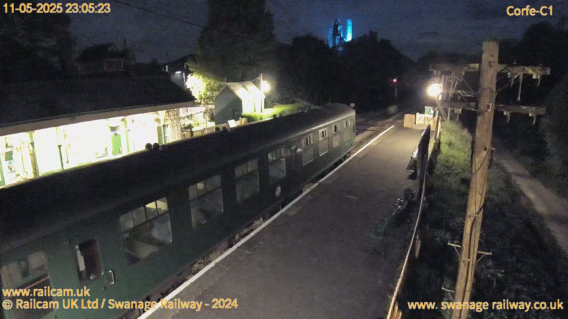A dark green passenger train is parked at a dimly lit nighttime train station next to a tall wooden utility pole, with a castle visible in the background.